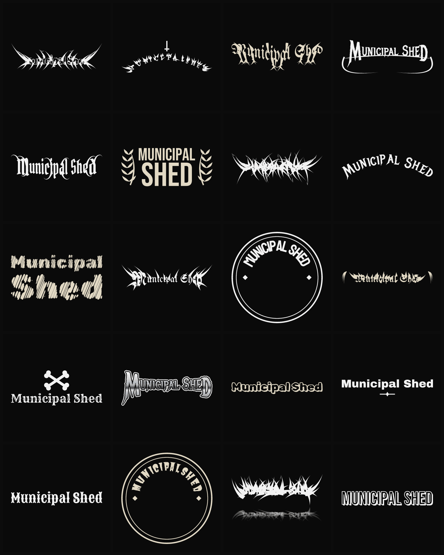 Twenty Municipal Shed band logo ideas — different faces, treatments and spike settings