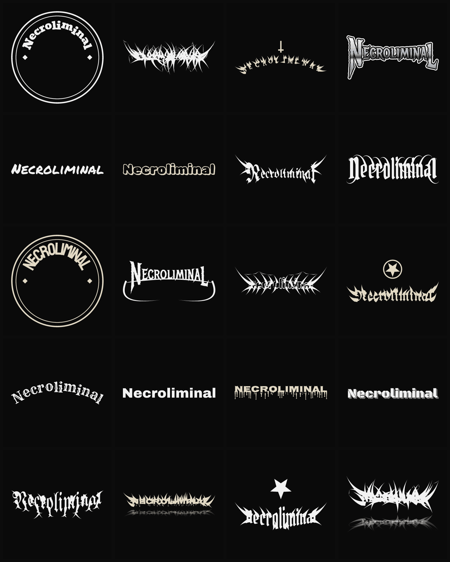 Twenty Necroliminal band logo ideas — different faces, treatments and spike settings