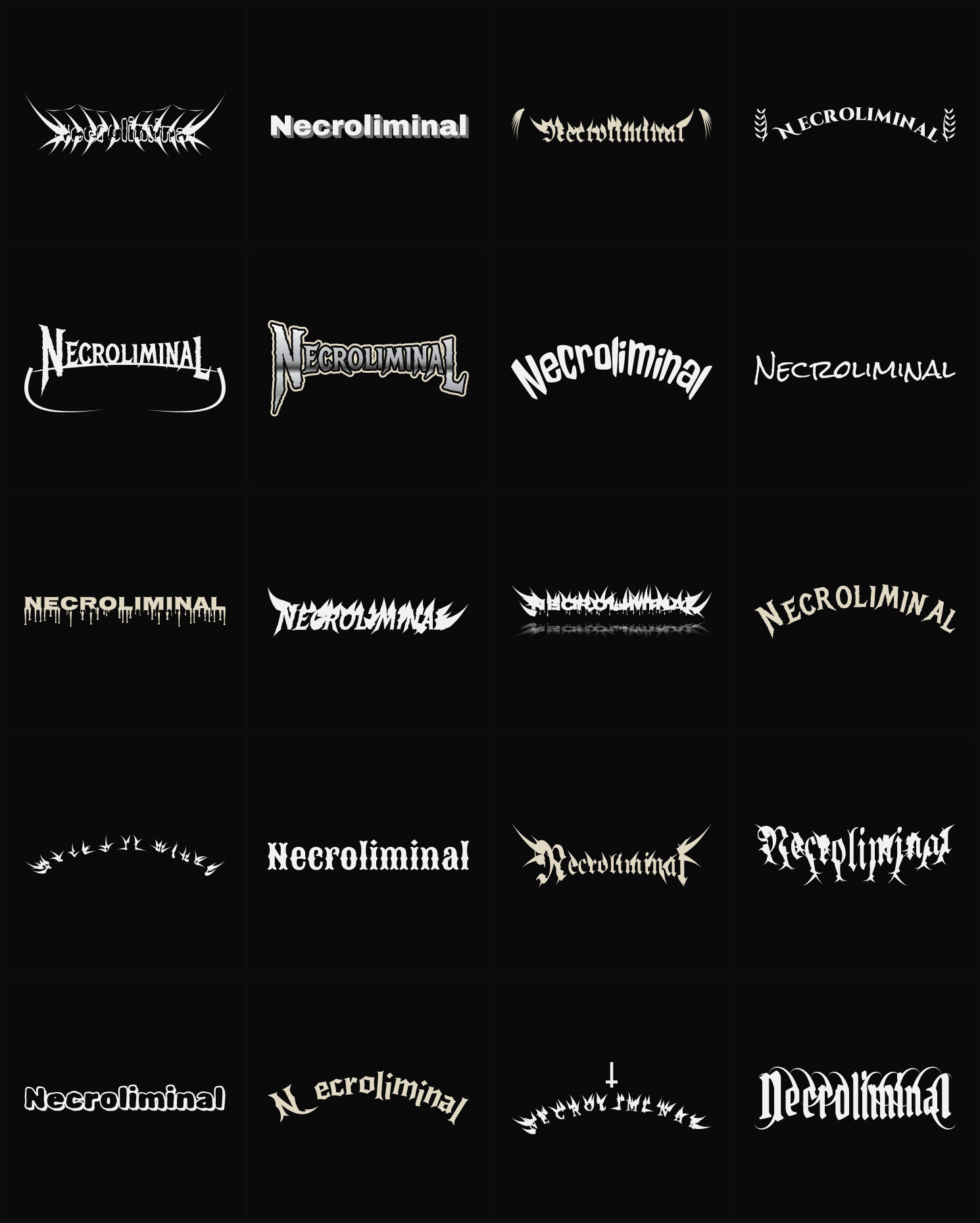 Twenty Necroliminal band logo ideas — different faces, treatments and spike settings