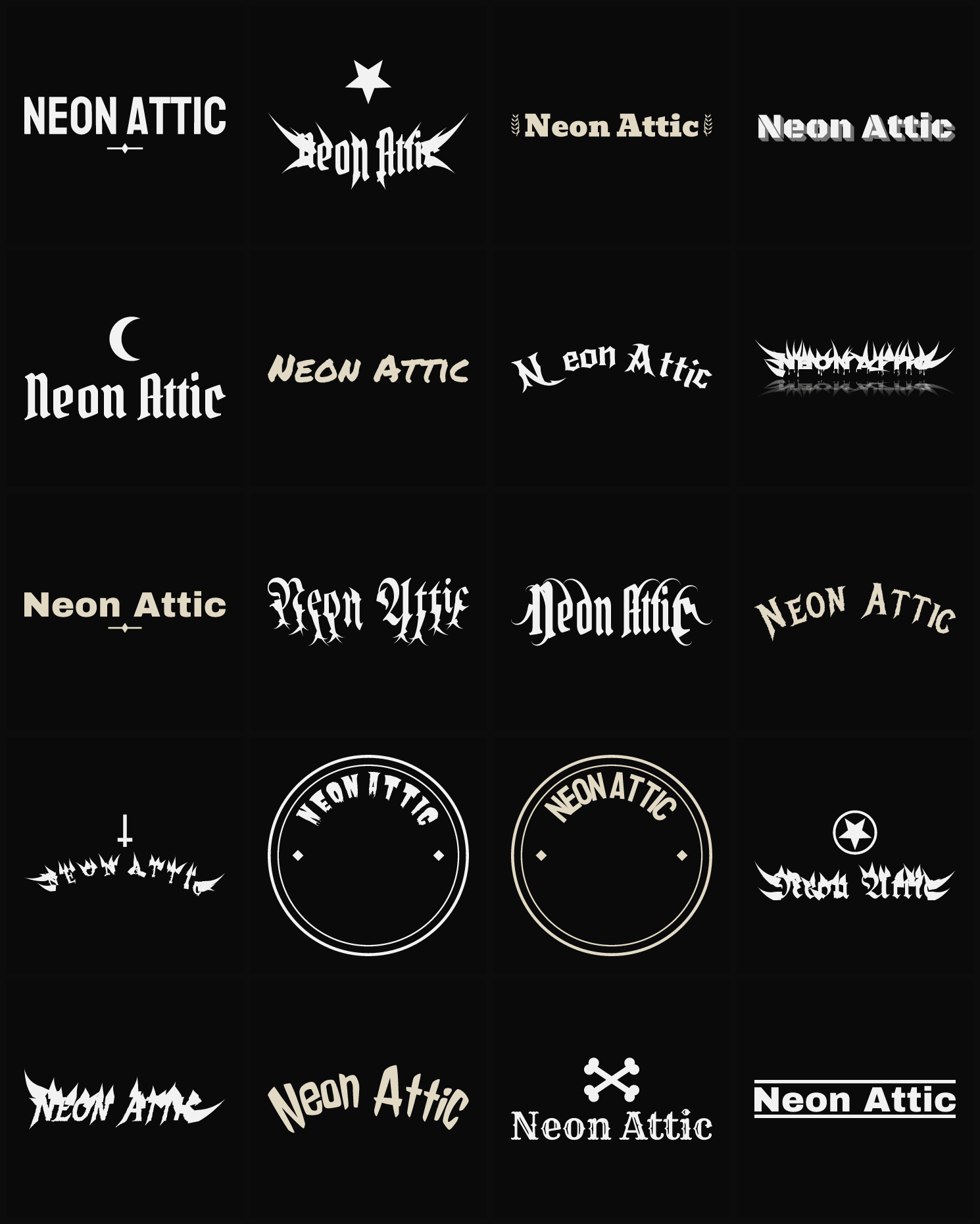Twenty Neon Attic band logo ideas — different faces, treatments and spike settings