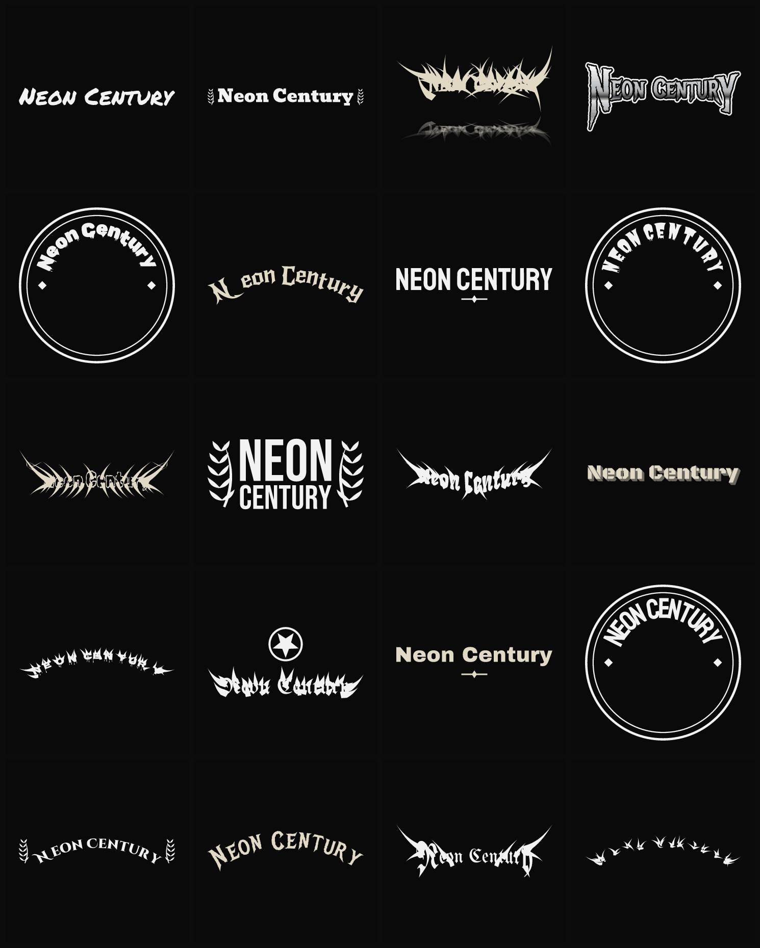 Twenty Neon Century band logo ideas — different faces, treatments and spike settings