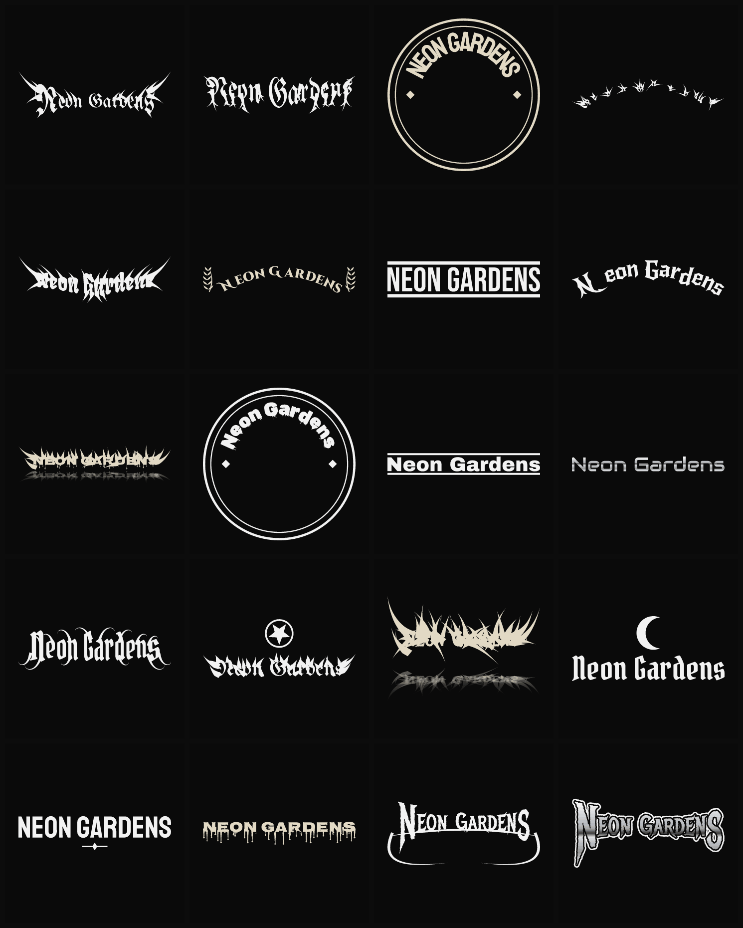 Twenty Neon Gardens band logo ideas — different faces, treatments and spike settings