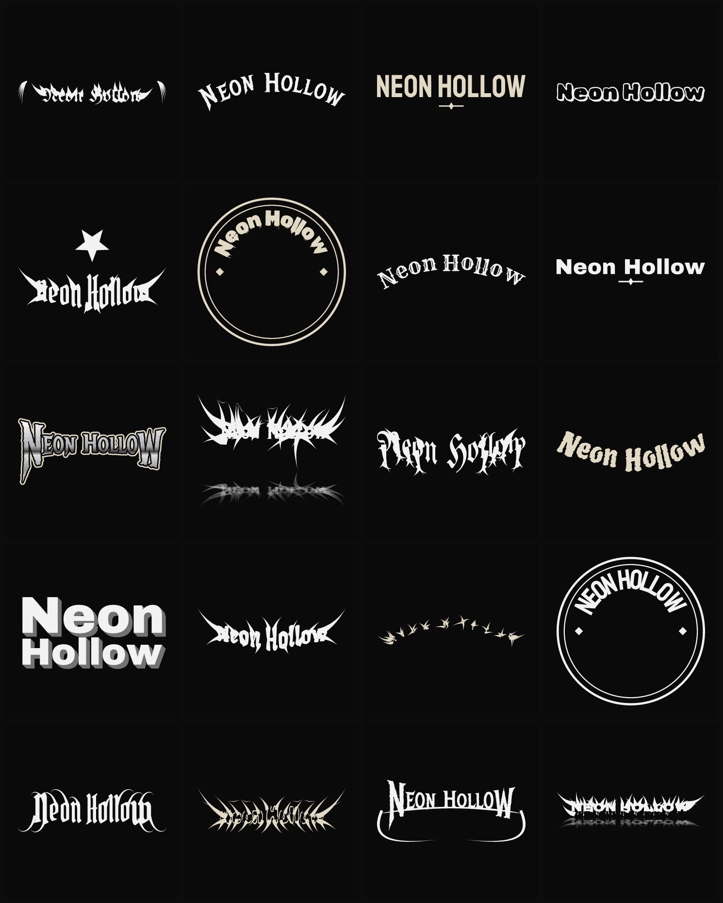 Twenty Neon Hollow band logo ideas — different faces, treatments and spike settings