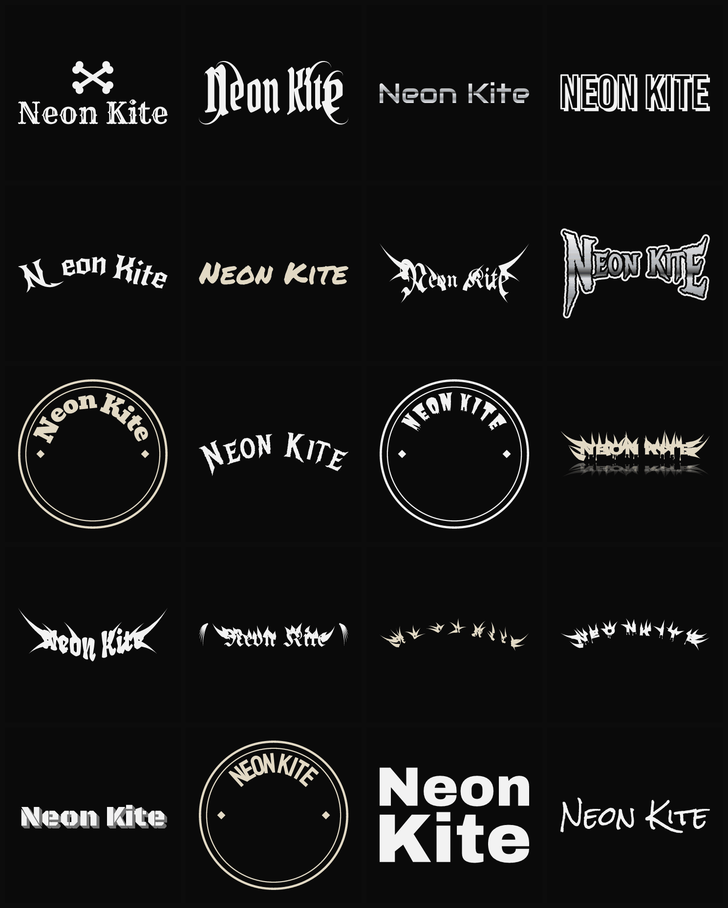 Twenty Neon Kite band logo ideas — different faces, treatments and spike settings