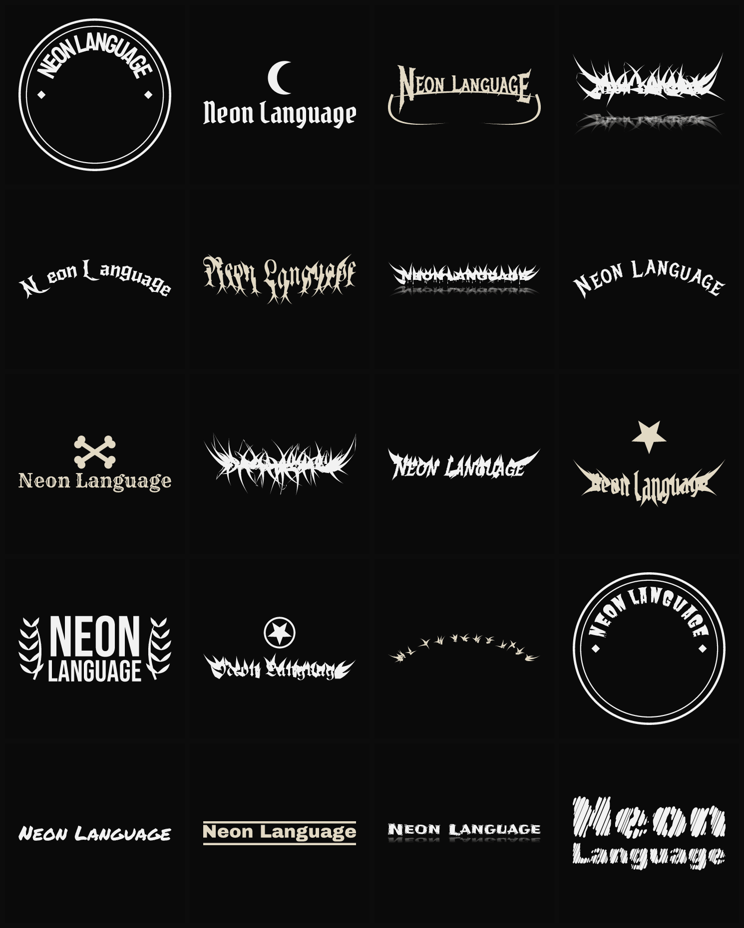 Twenty Neon Language band logo ideas — different faces, treatments and spike settings