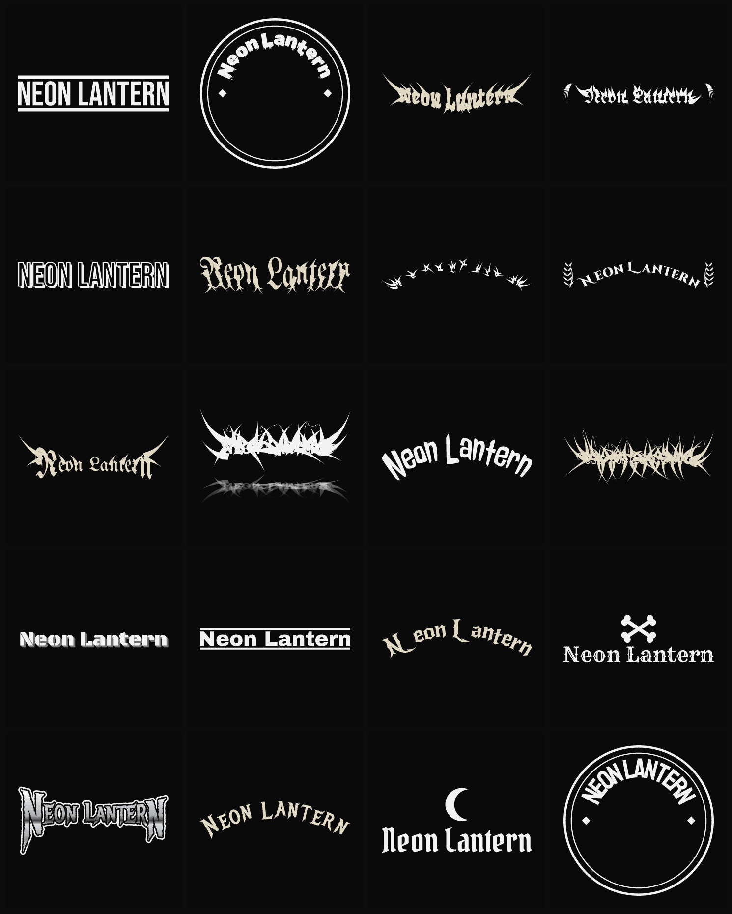 Twenty Neon Lantern band logo ideas — different faces, treatments and spike settings