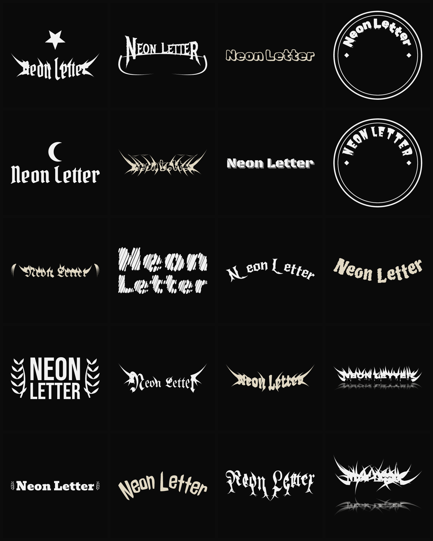 Twenty Neon Letter band logo ideas — different faces, treatments and spike settings