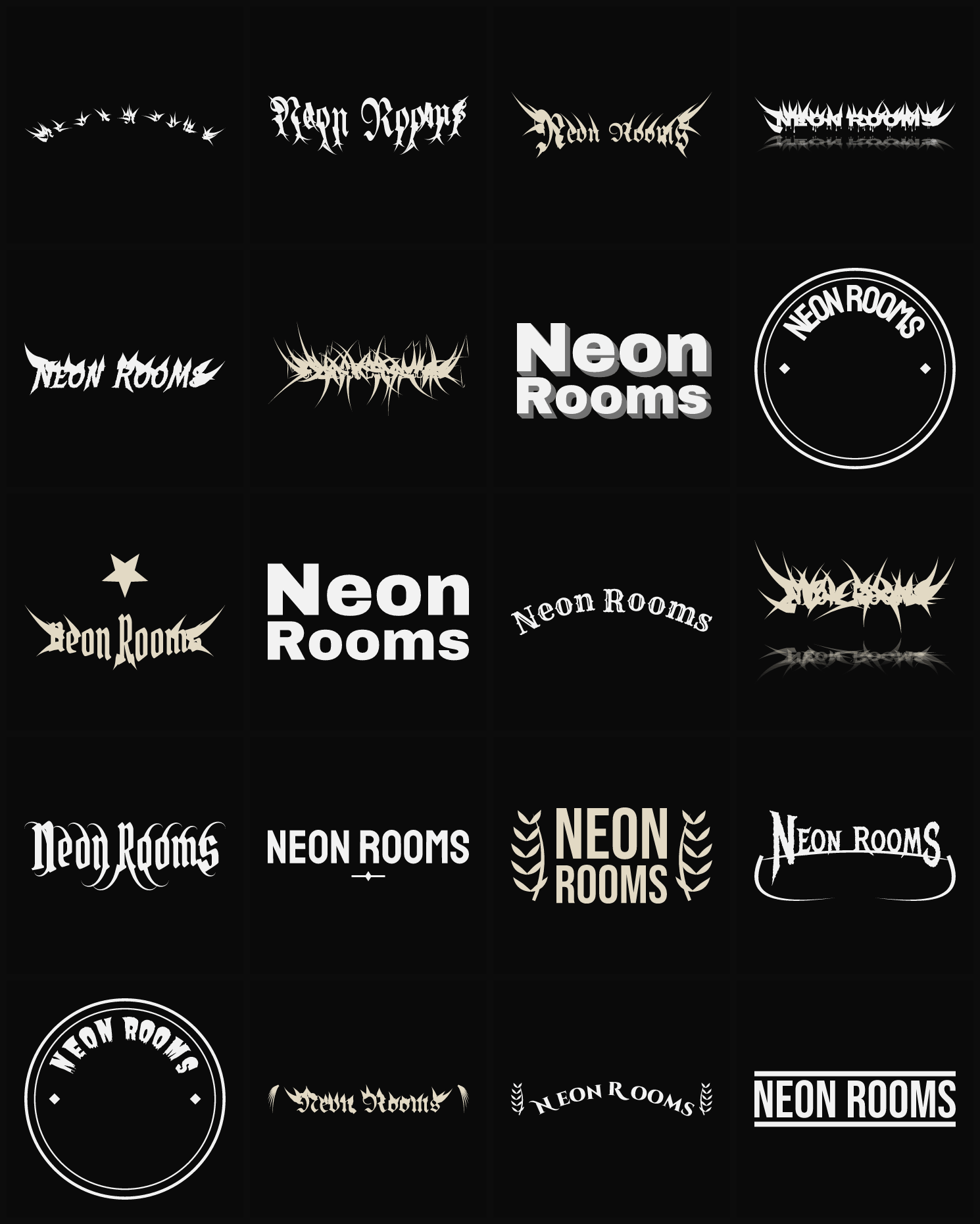 Twenty Neon Rooms band logo ideas — different faces, treatments and spike settings