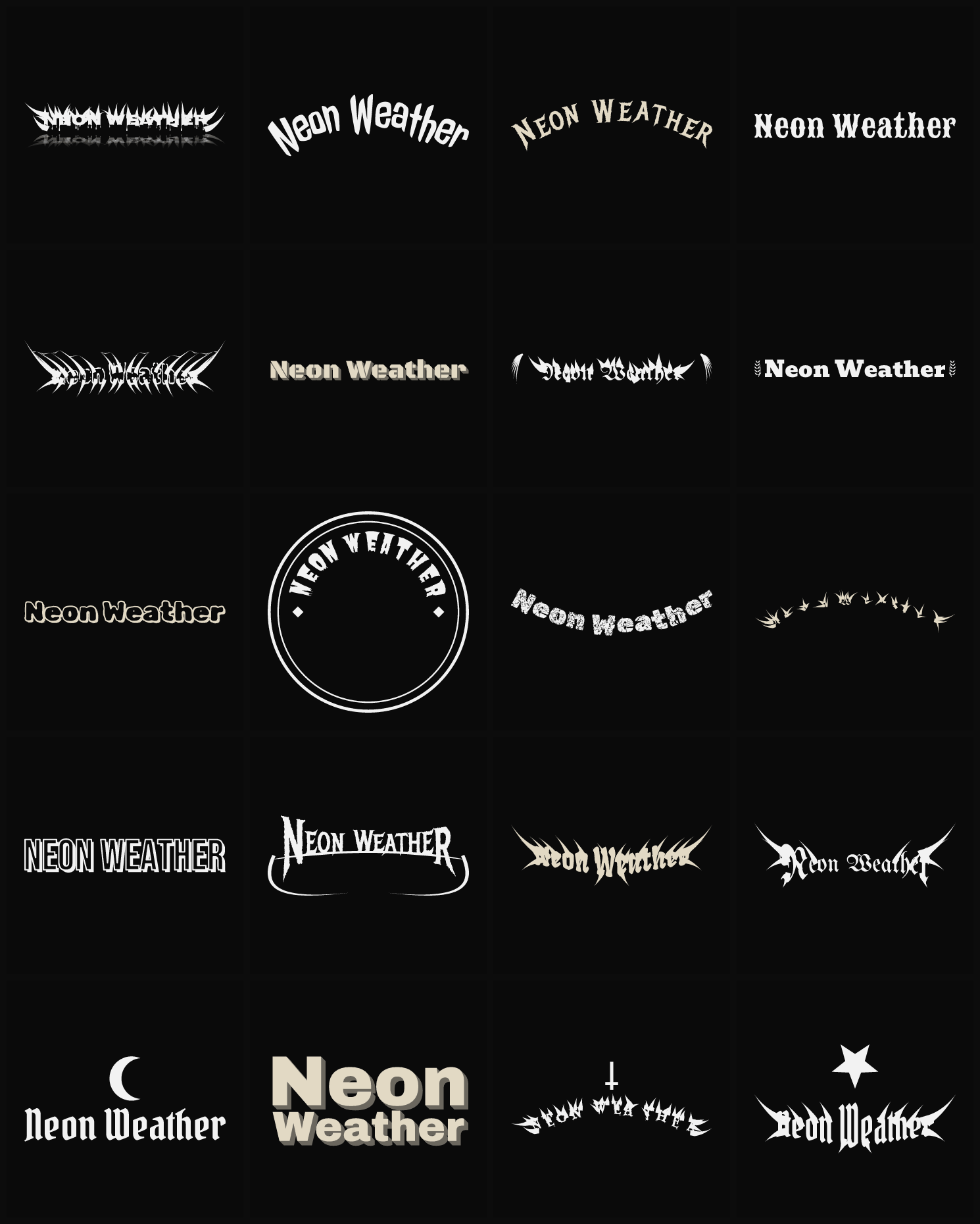 Twenty Neon Weather band logo ideas — different faces, treatments and spike settings