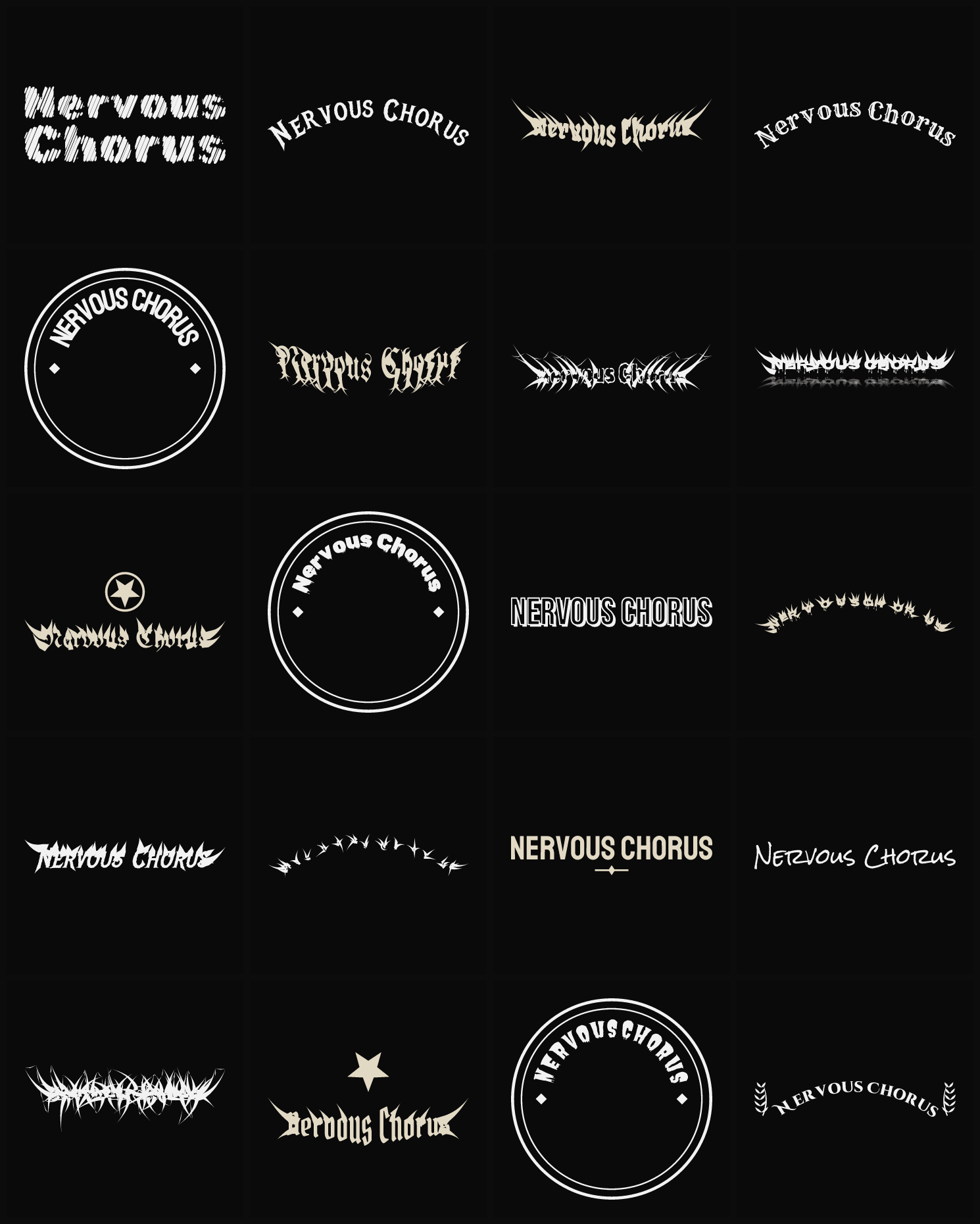 Twenty Nervous Chorus band logo ideas — different faces, treatments and spike settings