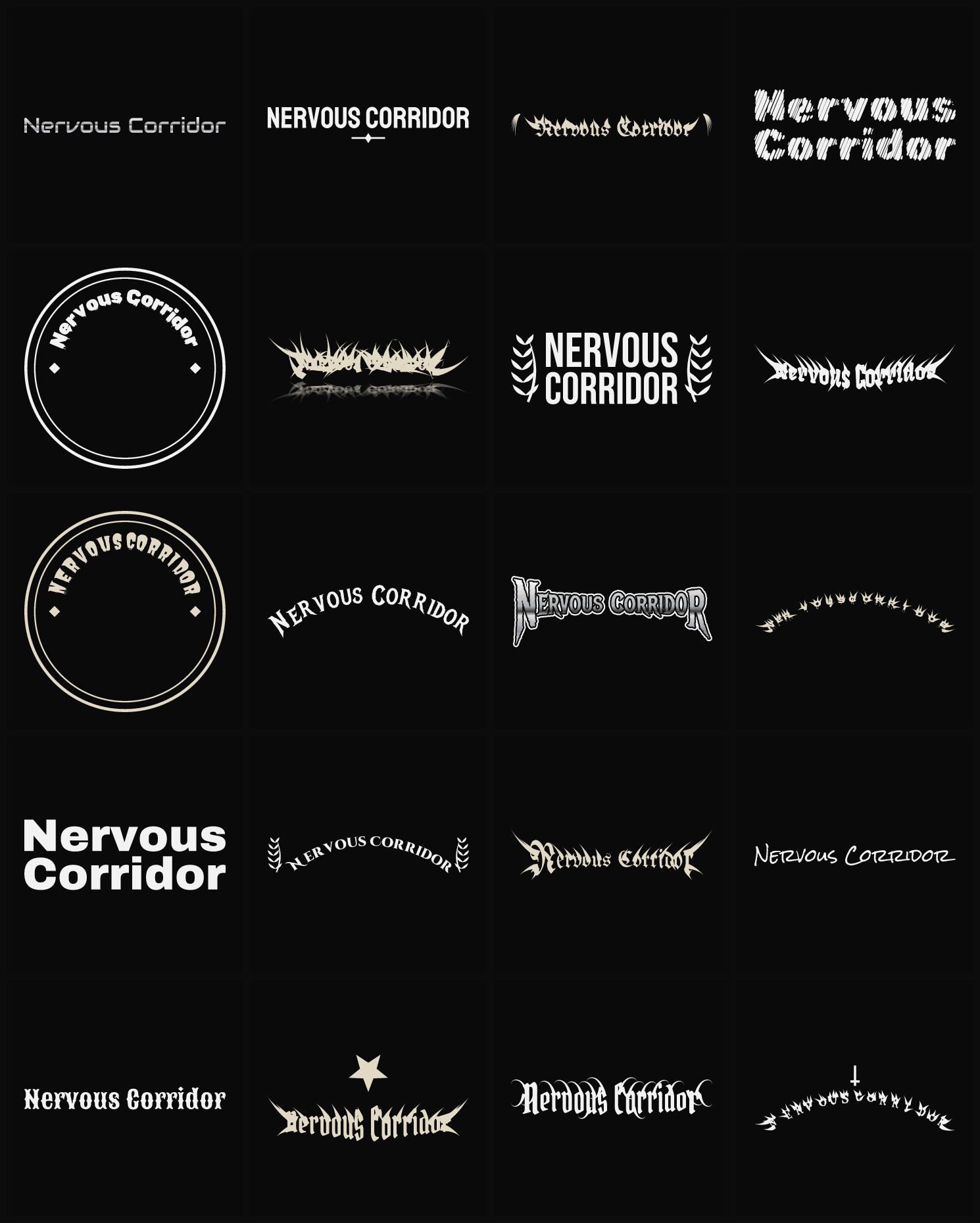 Twenty Nervous Corridor band logo ideas — different faces, treatments and spike settings