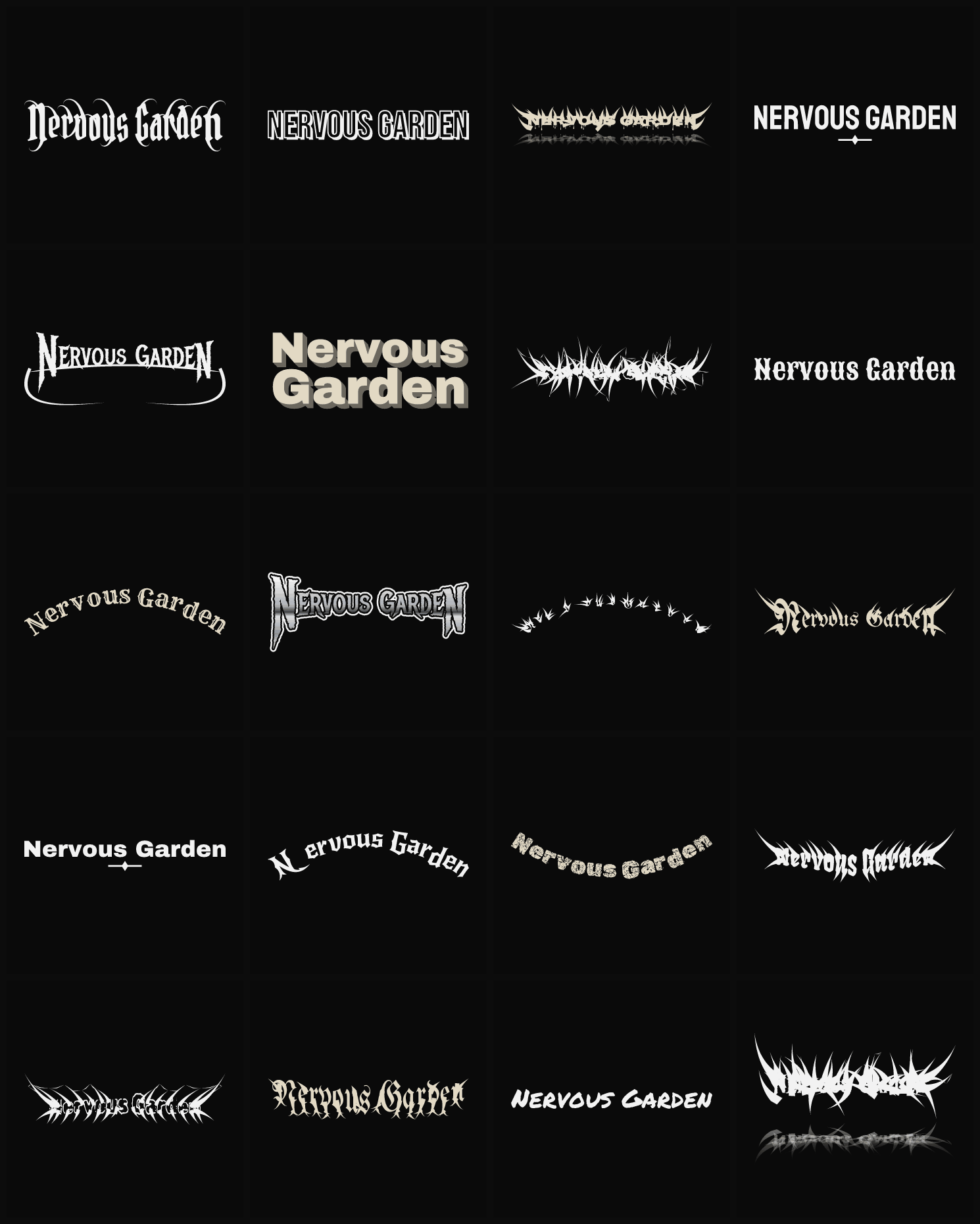 Twenty Nervous Garden band logo ideas — different faces, treatments and spike settings