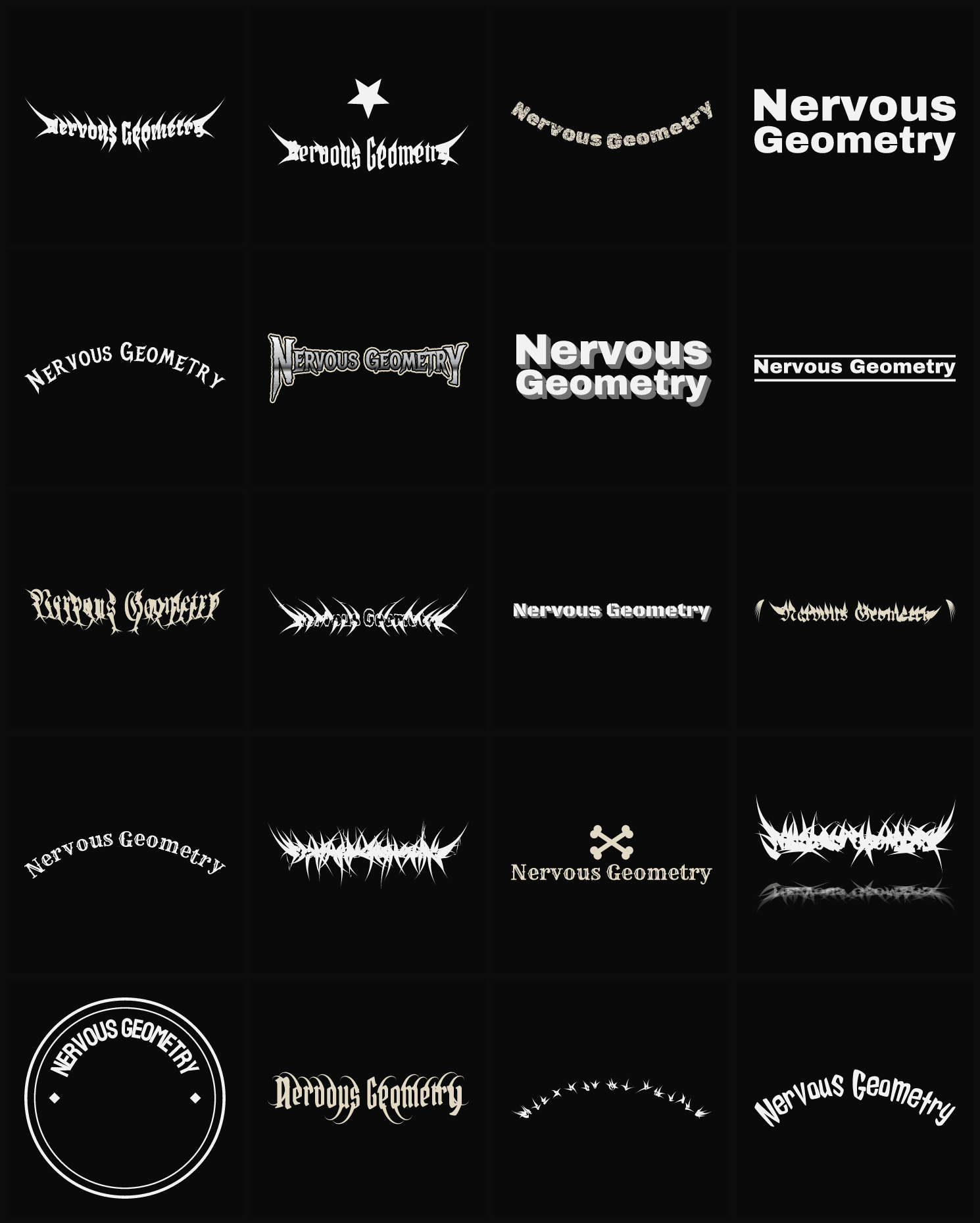 Twenty Nervous Geometry band logo ideas — different faces, treatments and spike settings