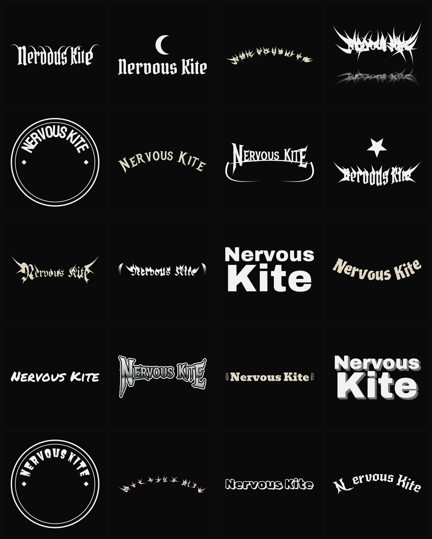 Twenty Nervous Kite band logo ideas — different faces, treatments and spike settings