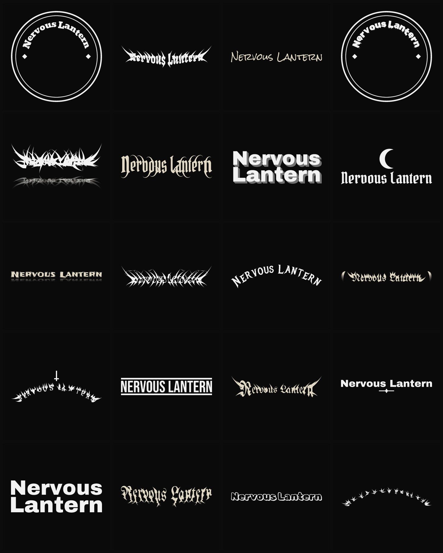 Twenty Nervous Lantern band logo ideas — different faces, treatments and spike settings