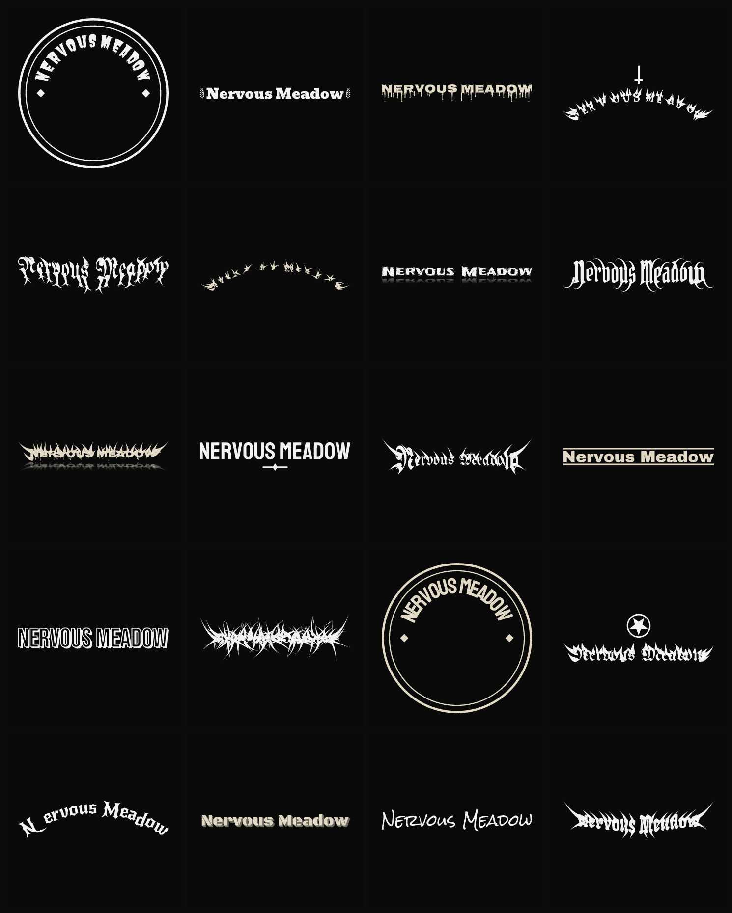 Twenty Nervous Meadow band logo ideas — different faces, treatments and spike settings