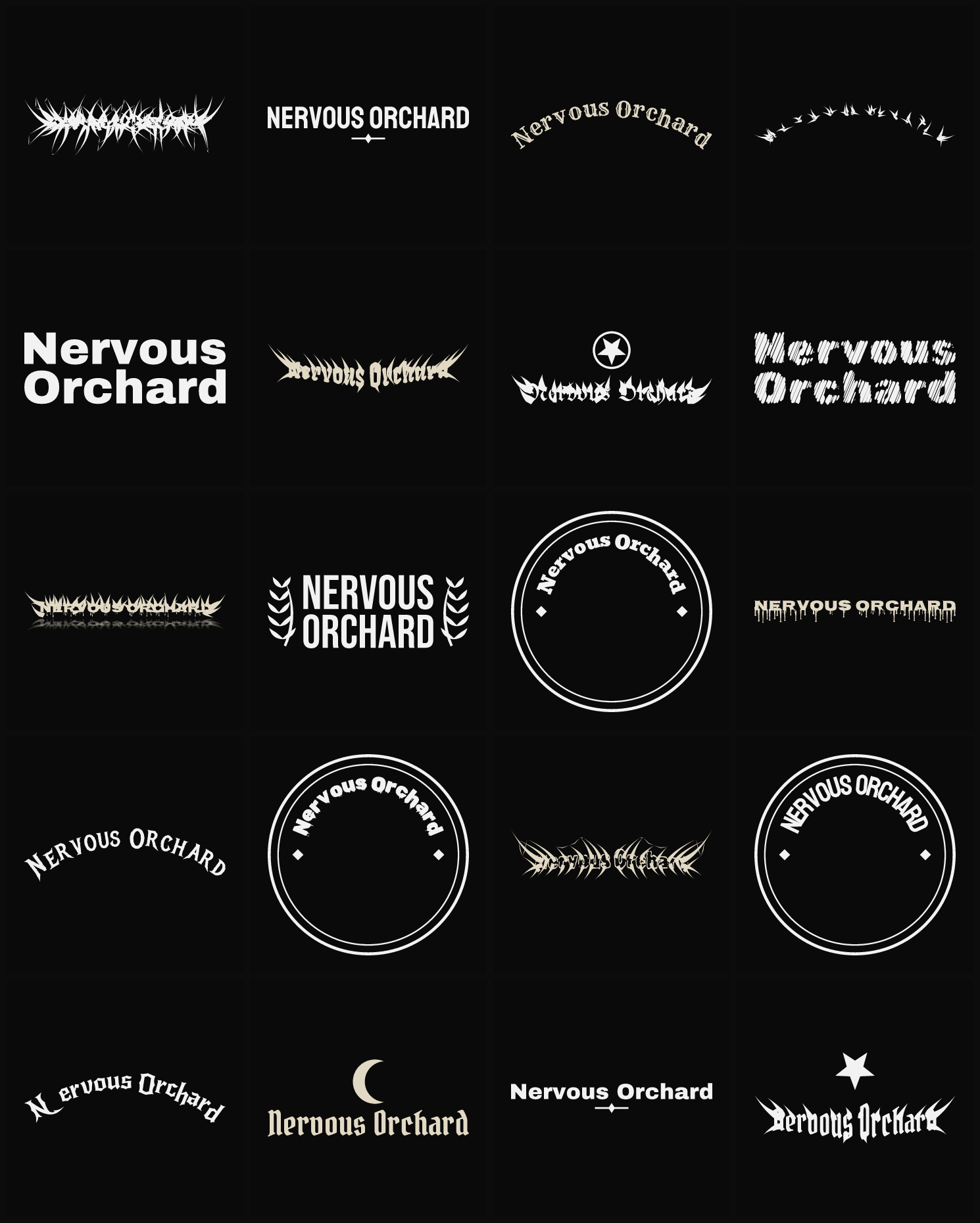 Twenty Nervous Orchard band logo ideas — different faces, treatments and spike settings