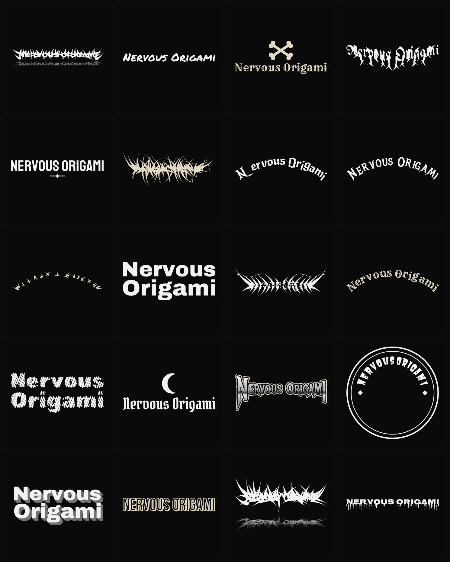 Twenty Nervous Origami band logo ideas — different faces, treatments and spike settings