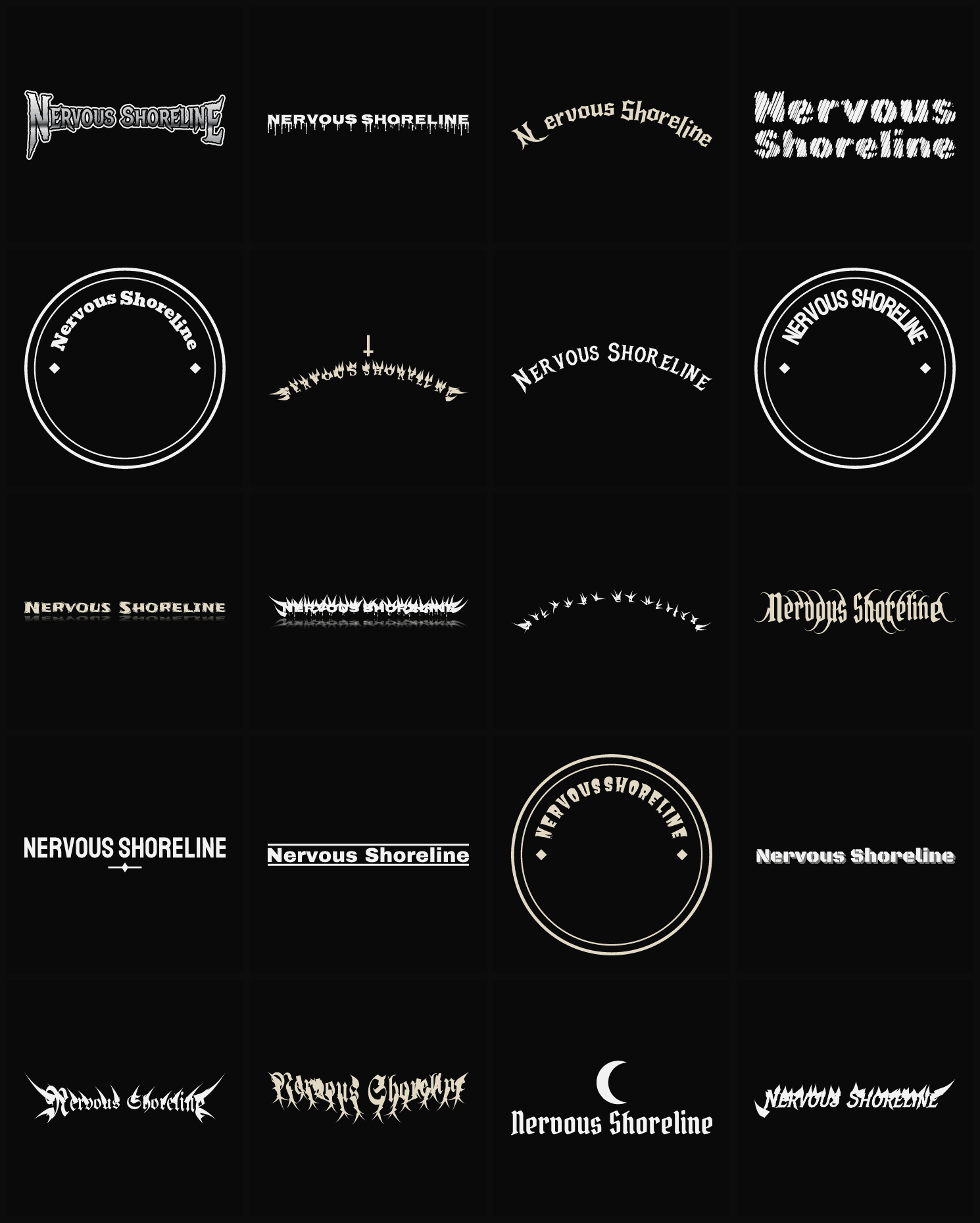 Twenty Nervous Shoreline band logo ideas — different faces, treatments and spike settings