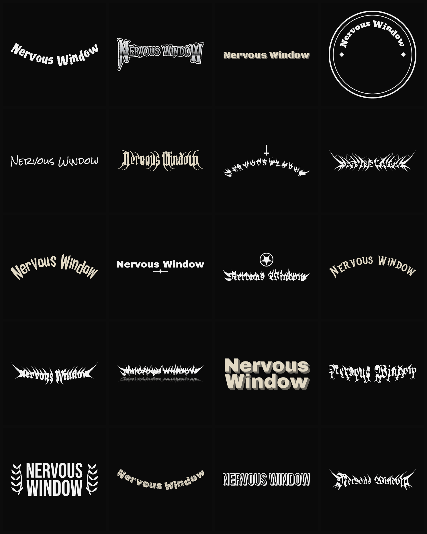 Twenty Nervous Window band logo ideas — different faces, treatments and spike settings
