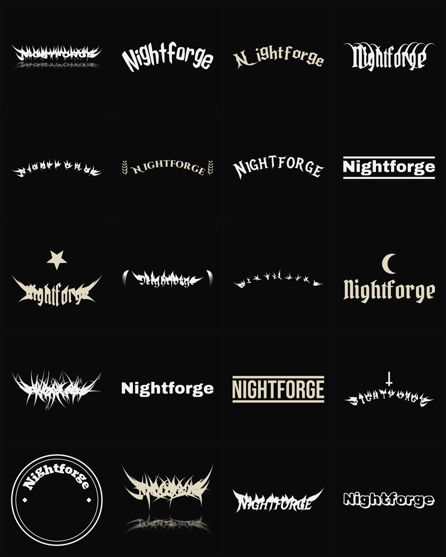 Twenty Nightforge band logo ideas — different faces, treatments and spike settings