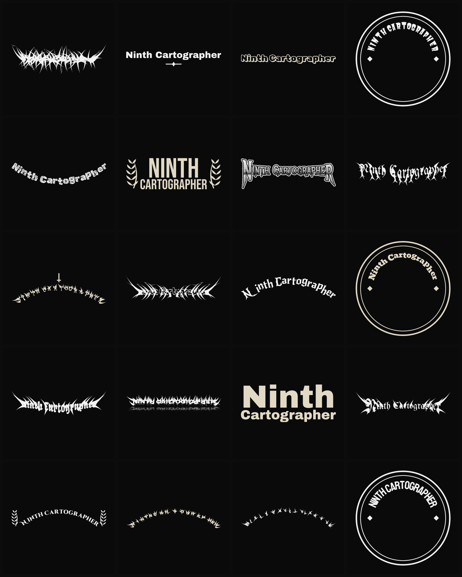 Twenty Ninth Cartographer band logo ideas — different faces, treatments and spike settings