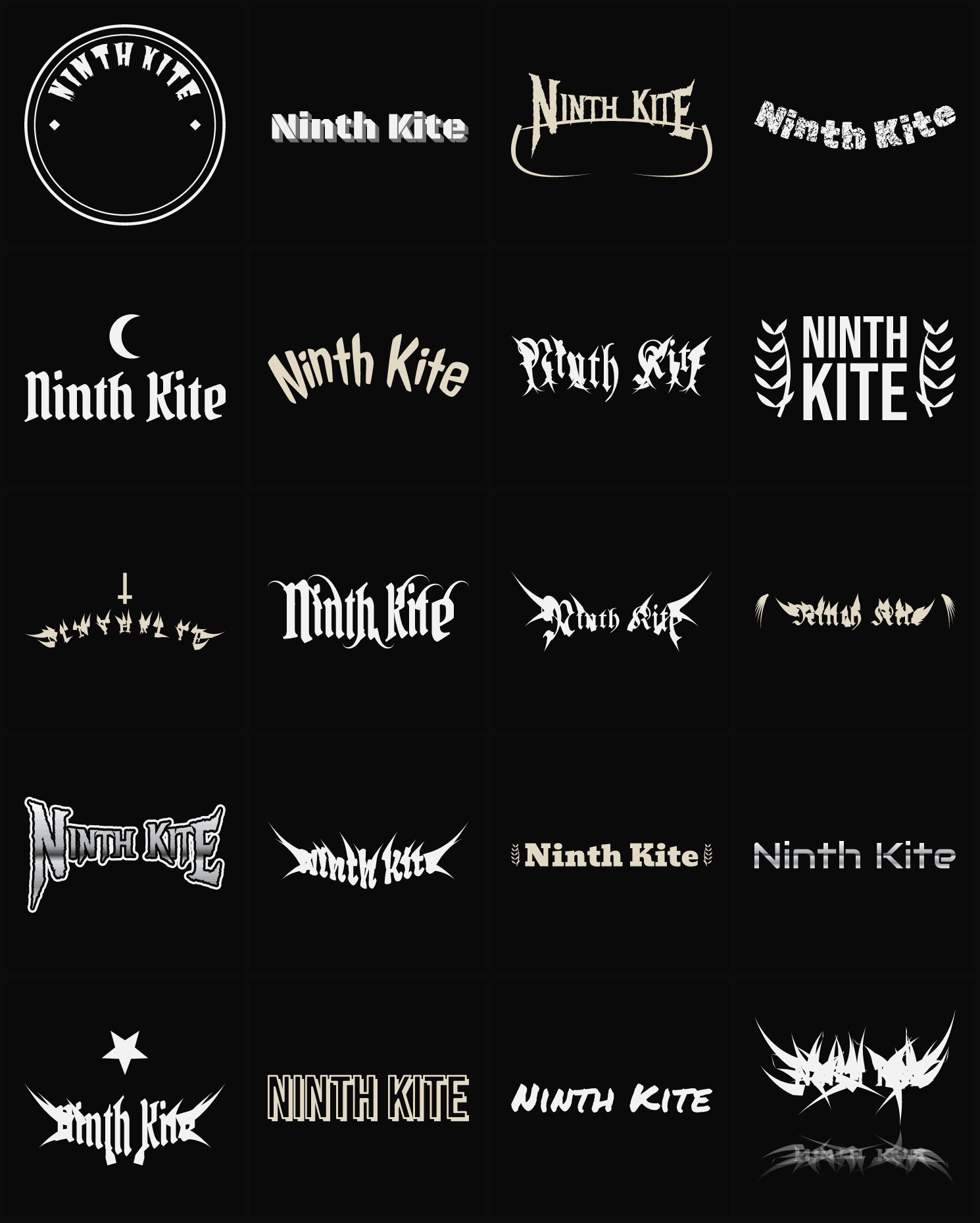 Twenty Ninth Kite band logo ideas — different faces, treatments and spike settings