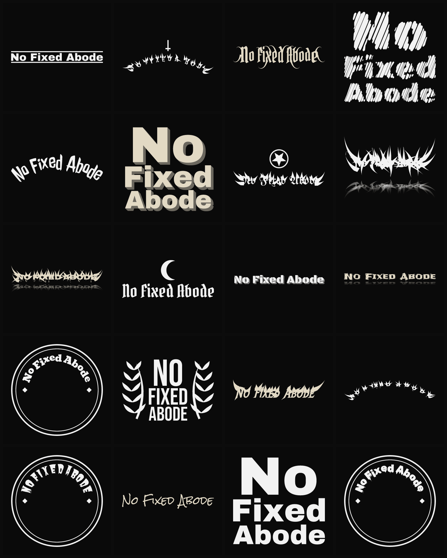 Twenty No Fixed Abode band logo ideas — different faces, treatments and spike settings