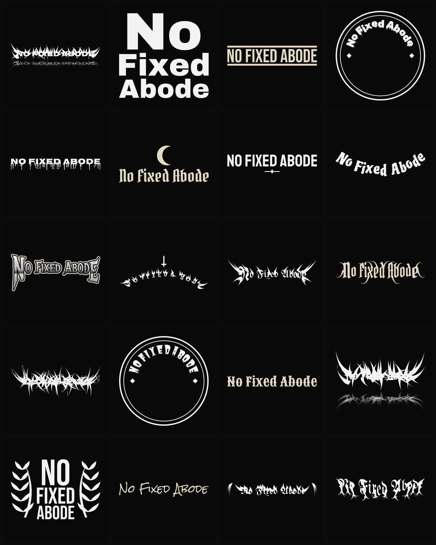 Twenty No Fixed Abode band logo ideas — different faces, treatments and spike settings