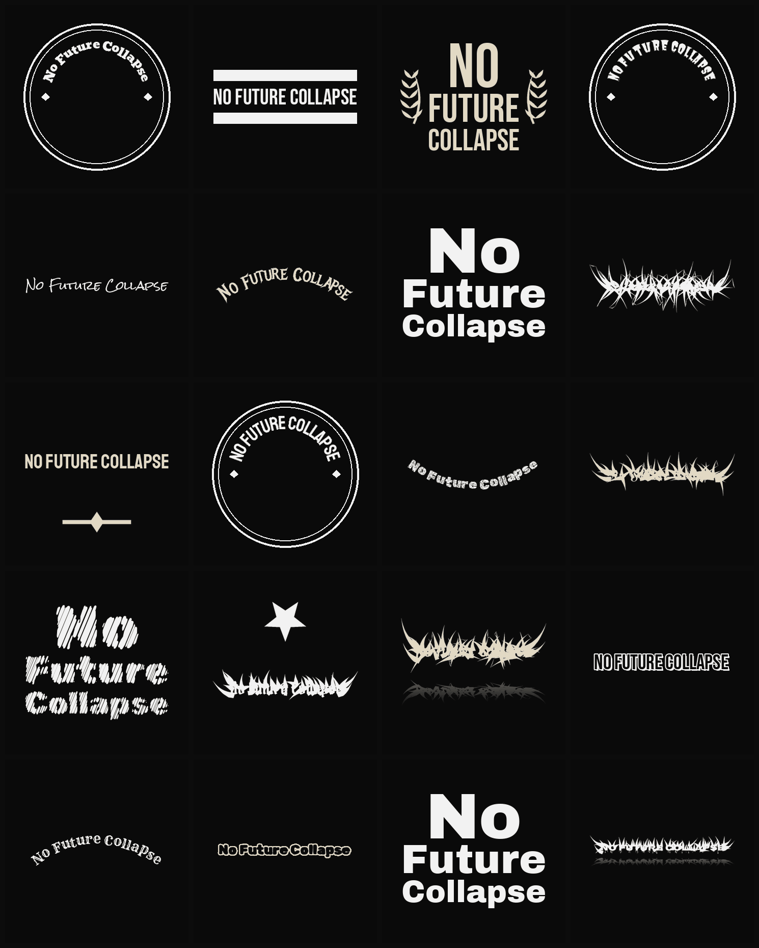 Twenty No Future Collapse band logo ideas — different faces, treatments and spike settings