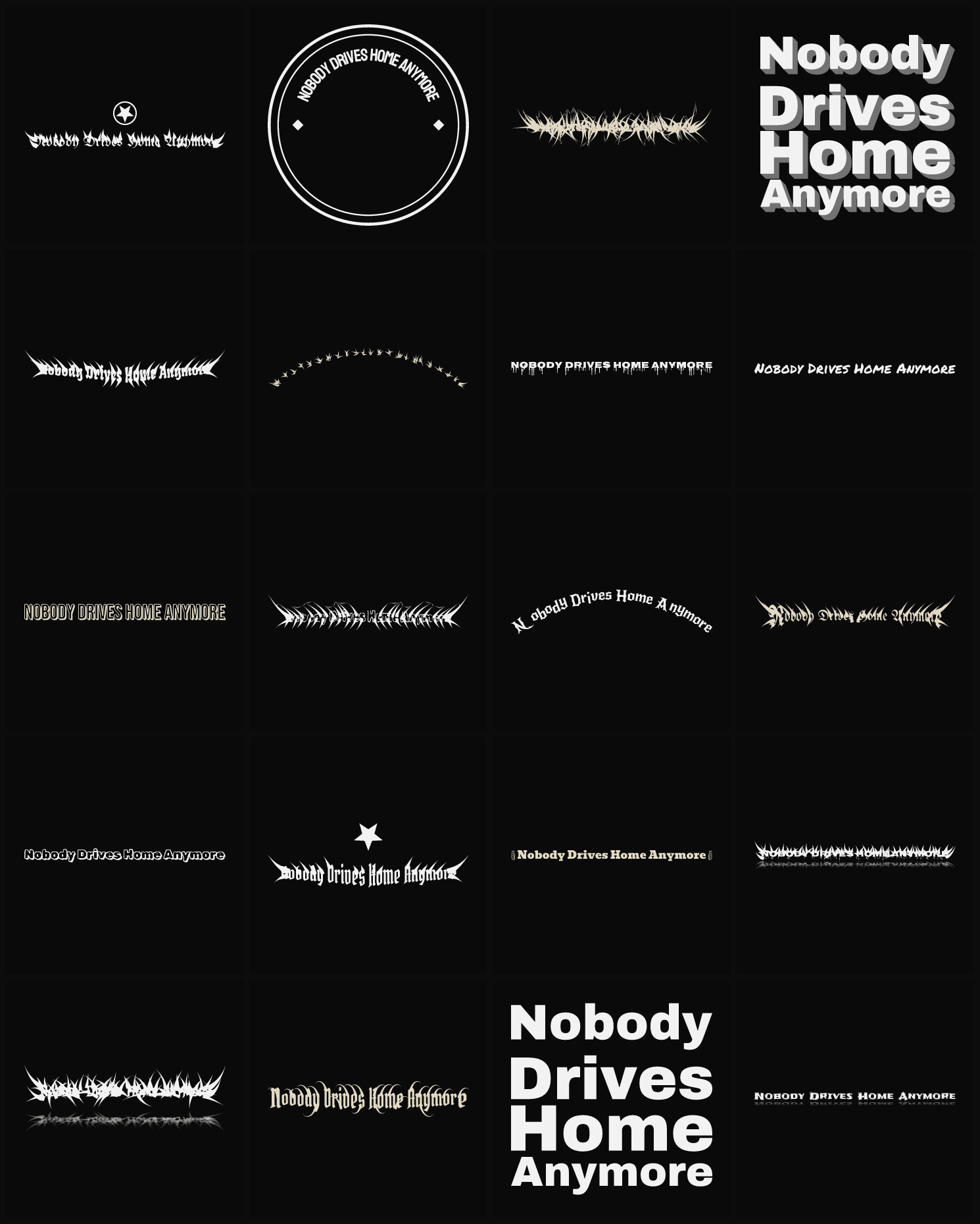 Twenty Nobody Drives Home Anymore band logo ideas — different faces, treatments and spike settings