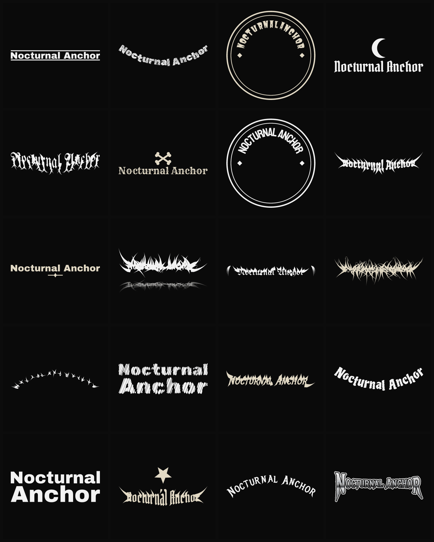 Twenty Nocturnal Anchor band logo ideas — different faces, treatments and spike settings