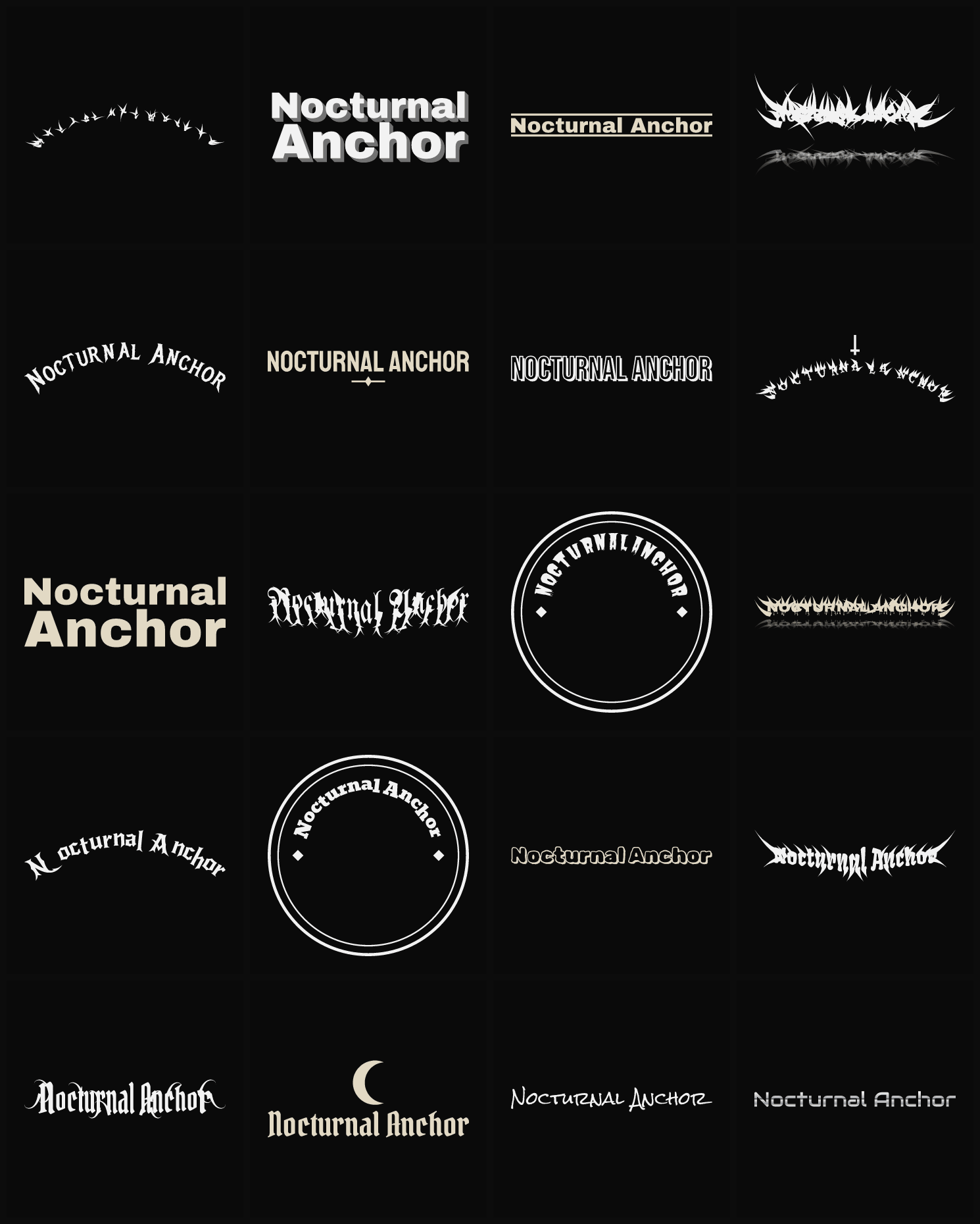 Twenty Nocturnal Anchor band logo ideas — different faces, treatments and spike settings