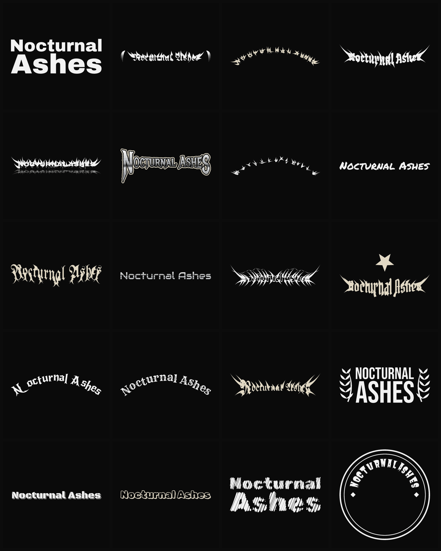 Twenty Nocturnal Ashes band logo ideas — different faces, treatments and spike settings