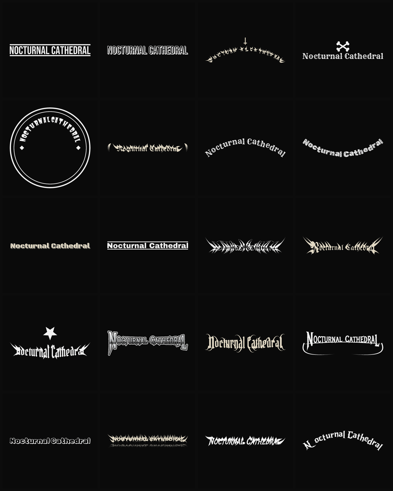 Twenty Nocturnal Cathedral band logo ideas — different faces, treatments and spike settings