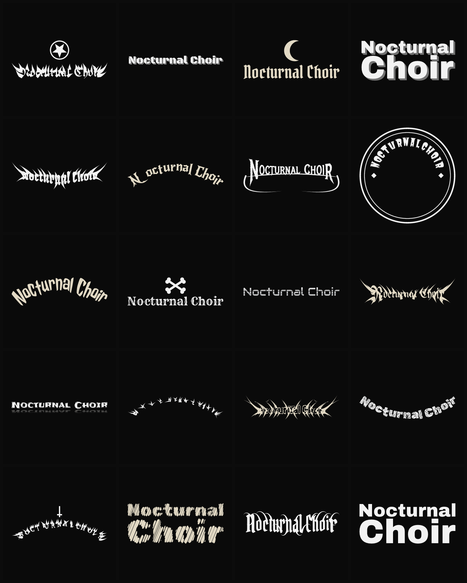 Twenty Nocturnal Choir band logo ideas — different faces, treatments and spike settings