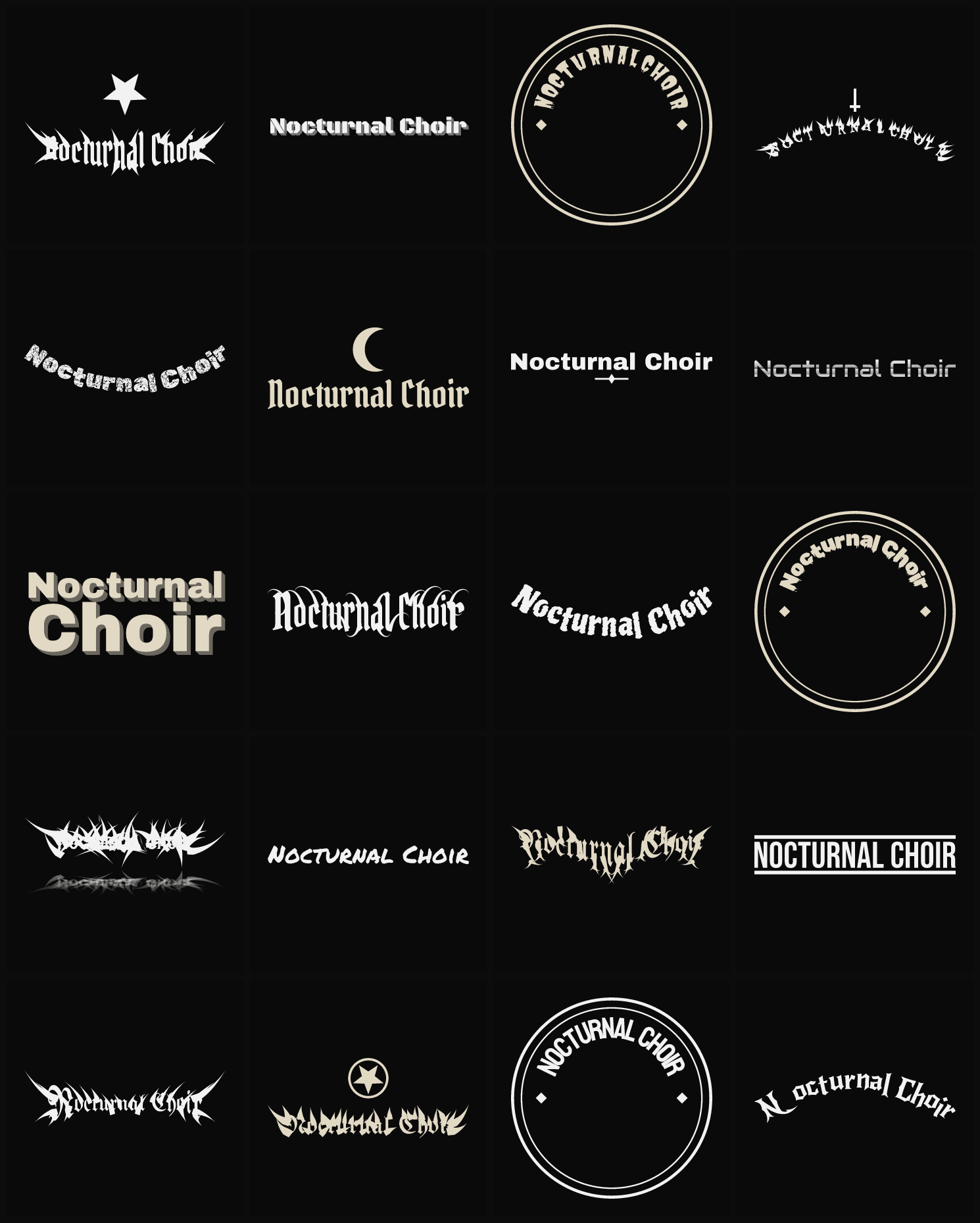 Twenty Nocturnal Choir band logo ideas — different faces, treatments and spike settings