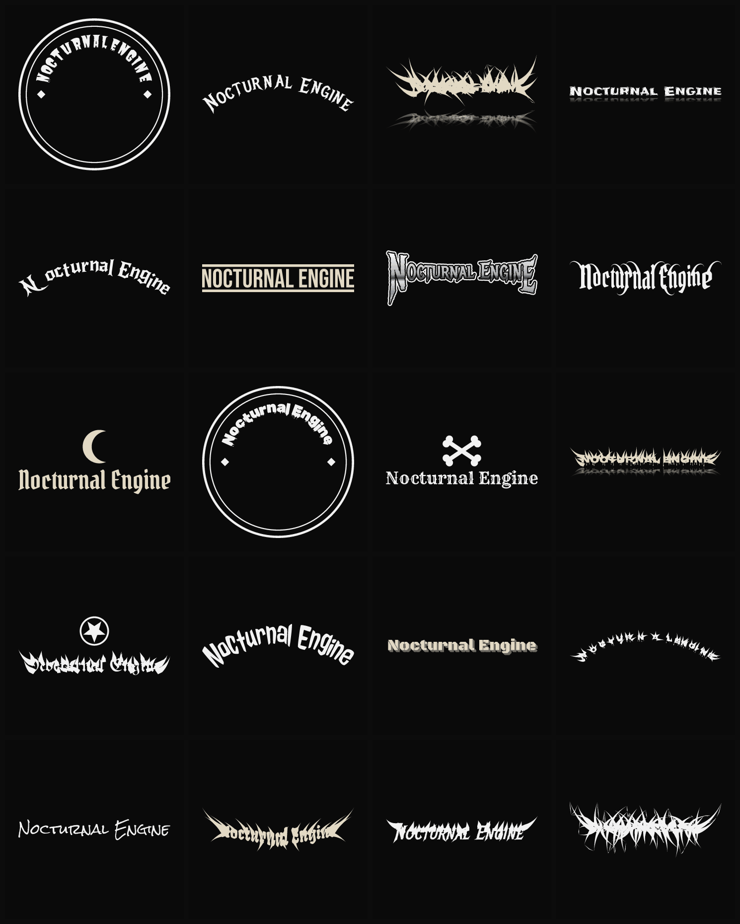Twenty Nocturnal Engine band logo ideas — different faces, treatments and spike settings