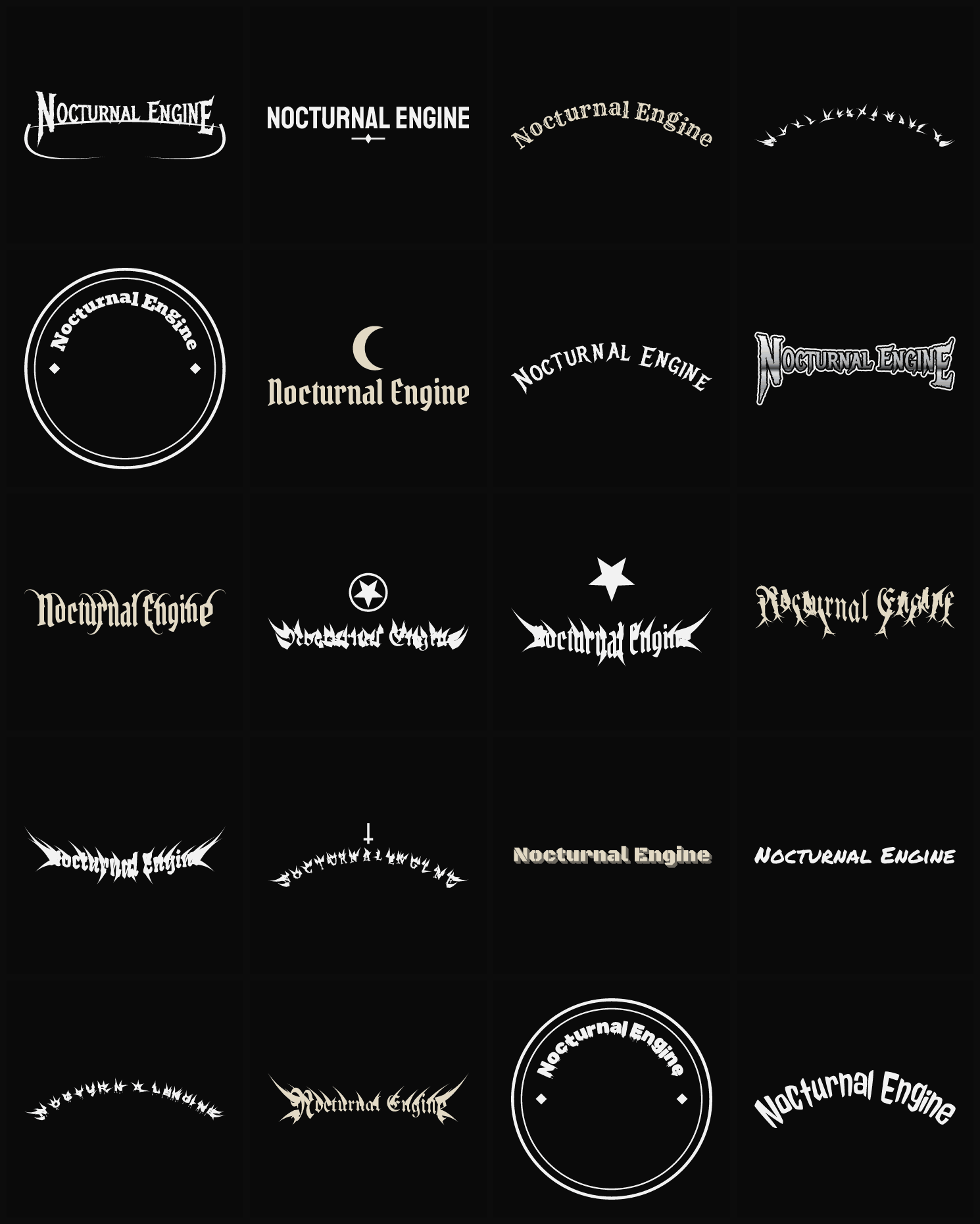Twenty Nocturnal Engine band logo ideas — different faces, treatments and spike settings