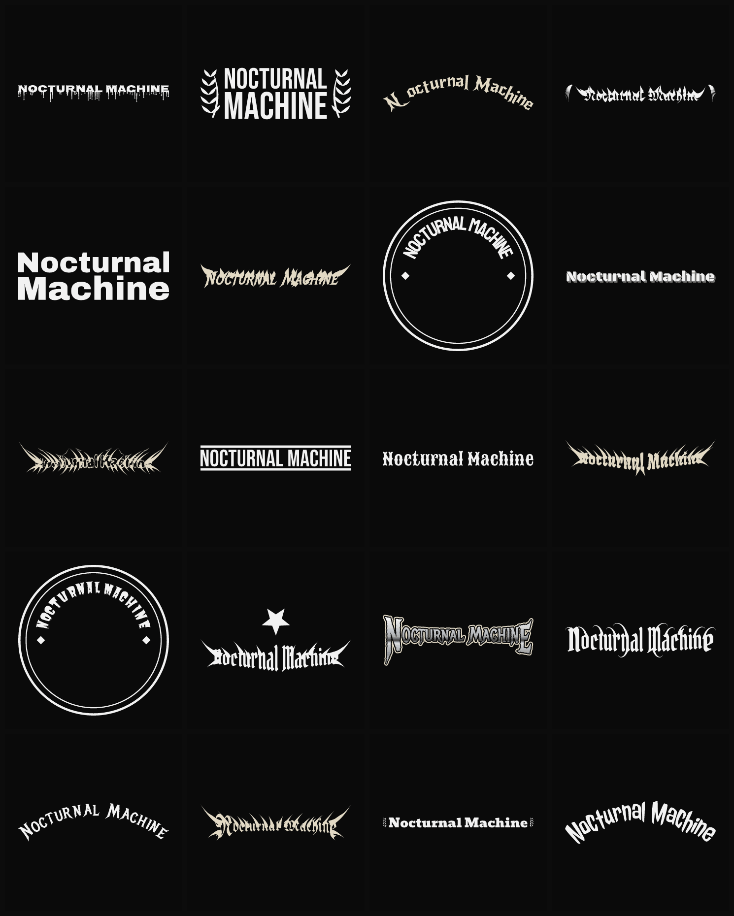 Twenty Nocturnal Machine band logo ideas — different faces, treatments and spike settings