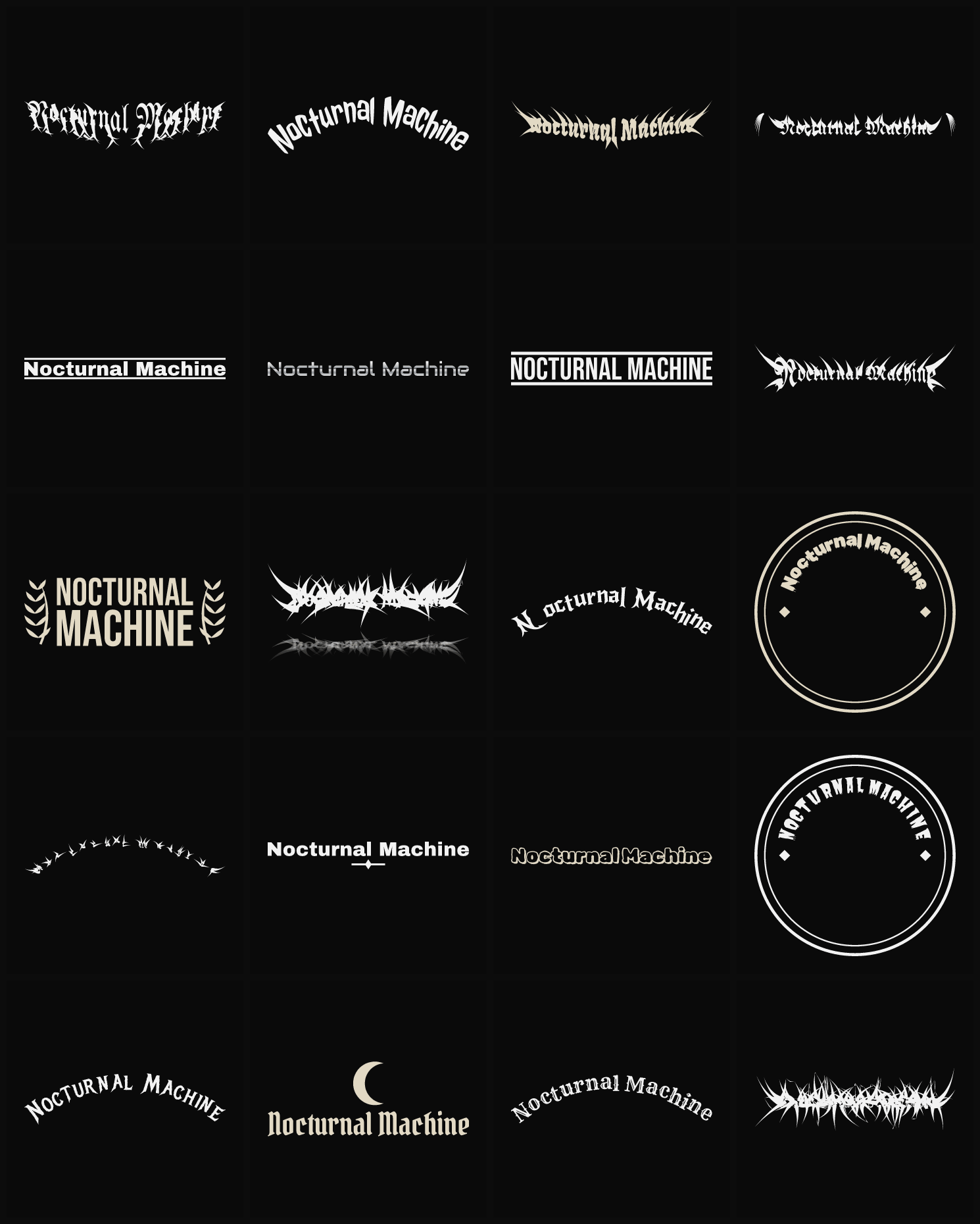 Twenty Nocturnal Machine band logo ideas — different faces, treatments and spike settings