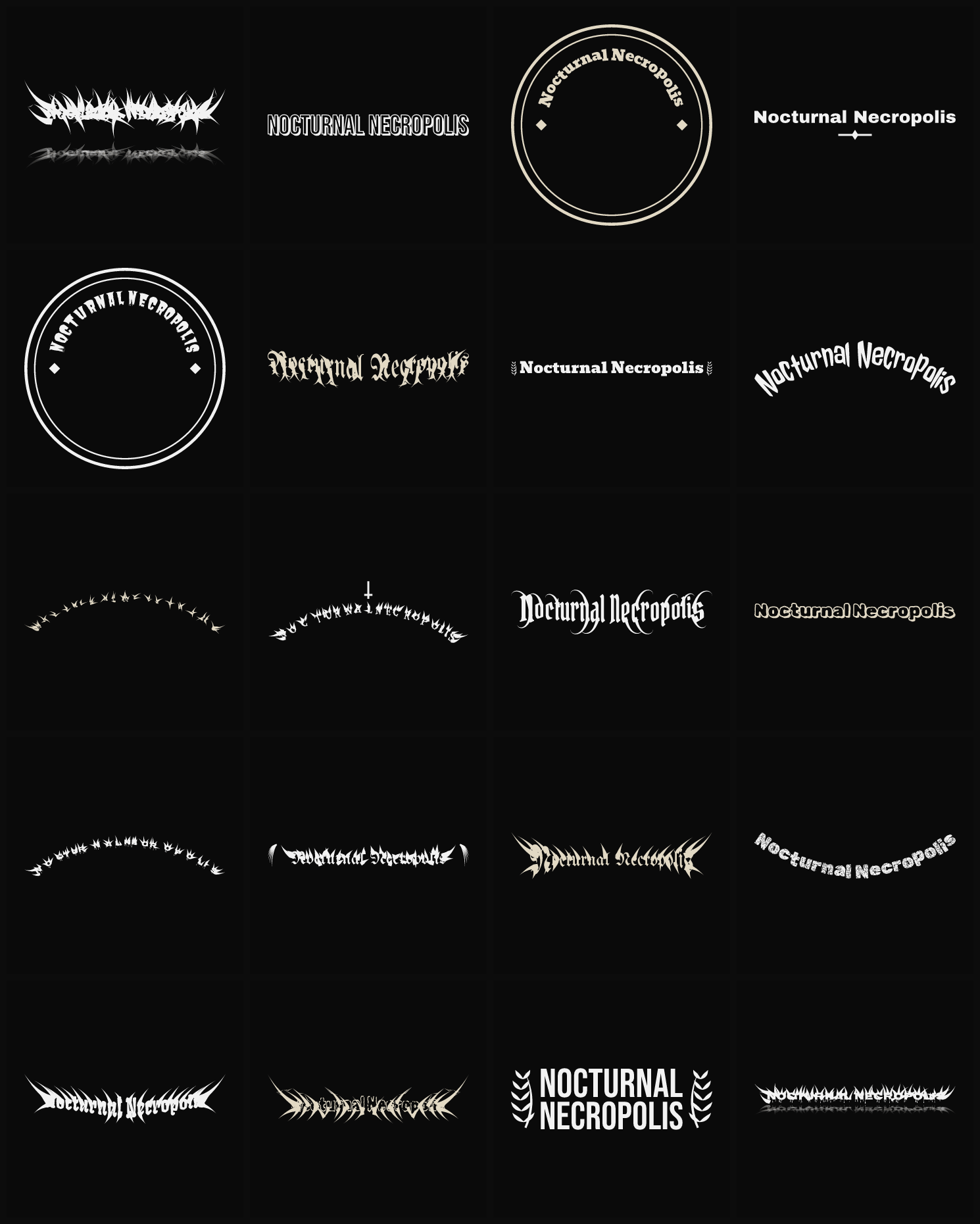 Twenty Nocturnal Necropolis band logo ideas — different faces, treatments and spike settings