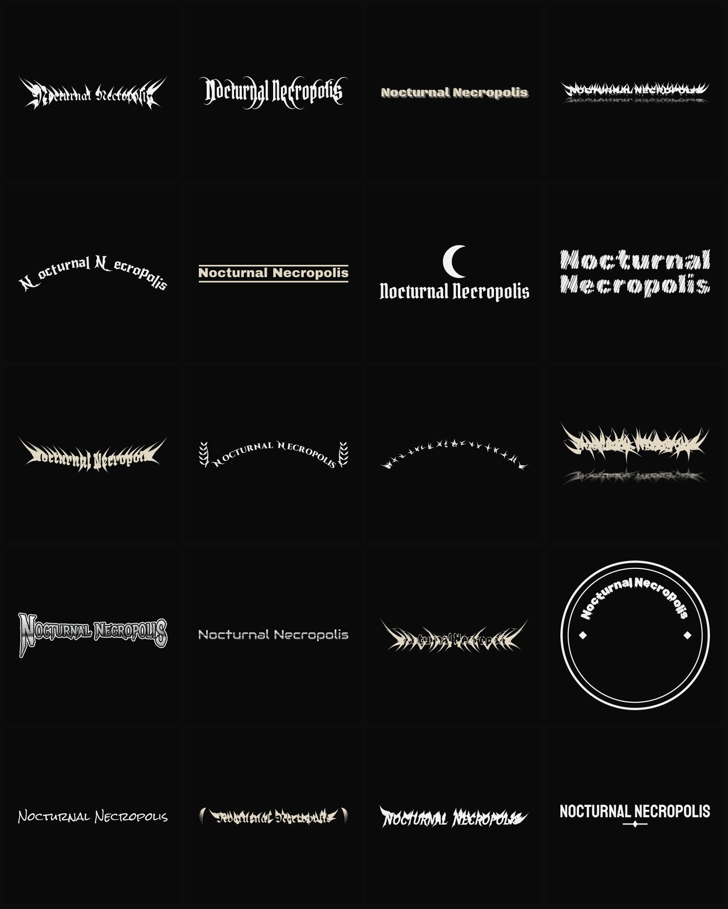 Twenty Nocturnal Necropolis band logo ideas — different faces, treatments and spike settings