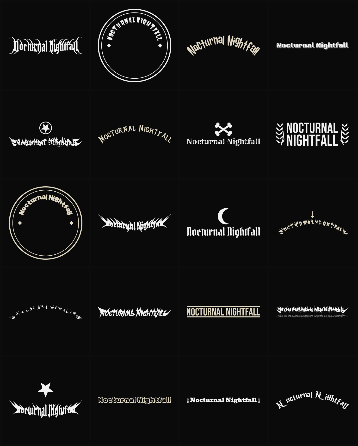 Twenty Nocturnal Nightfall band logo ideas — different faces, treatments and spike settings