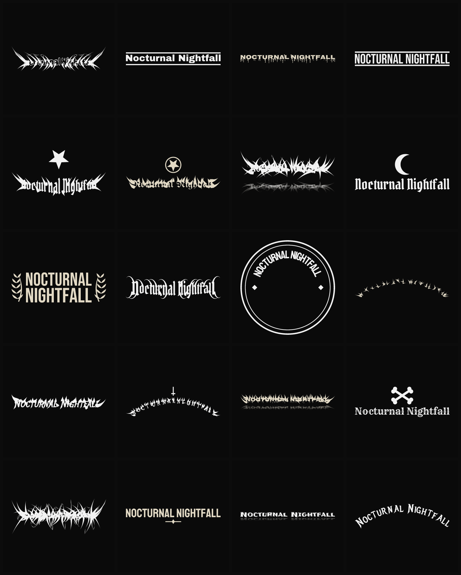 Twenty Nocturnal Nightfall band logo ideas — different faces, treatments and spike settings