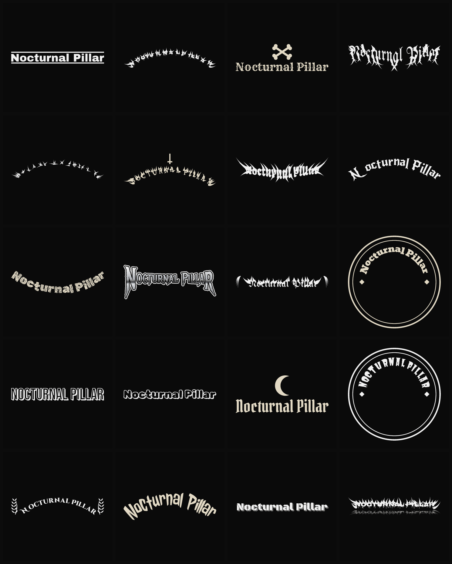 Twenty Nocturnal Pillar band logo ideas — different faces, treatments and spike settings