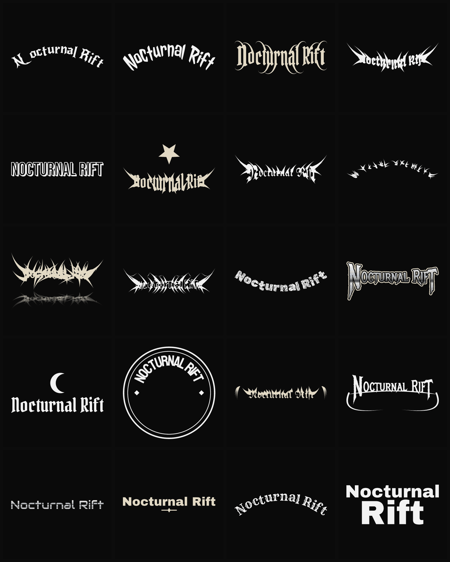 Twenty Nocturnal Rift band logo ideas — different faces, treatments and spike settings