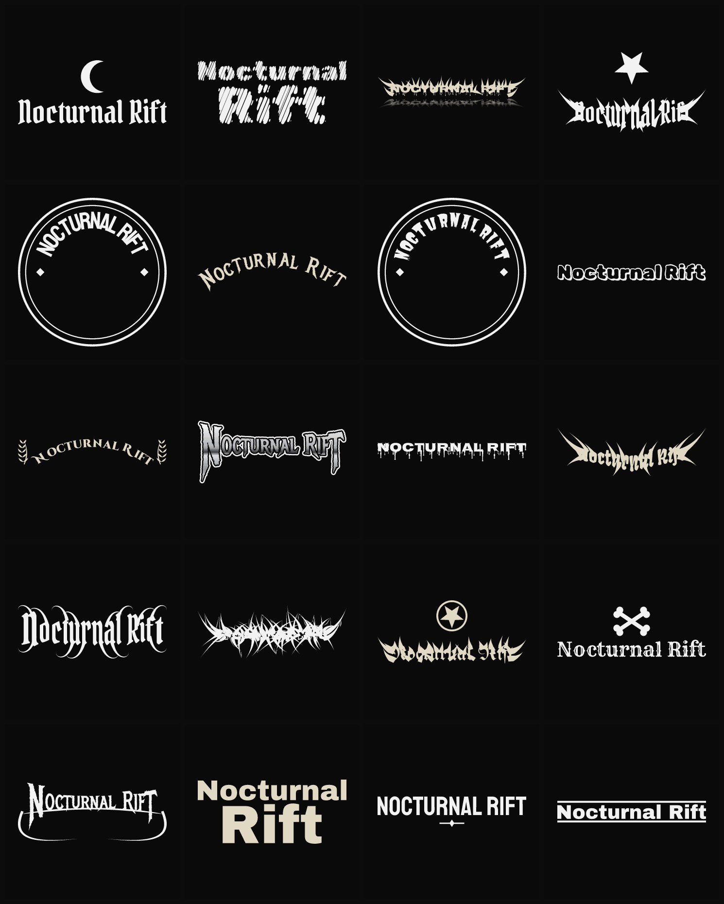 Twenty Nocturnal Rift band logo ideas — different faces, treatments and spike settings