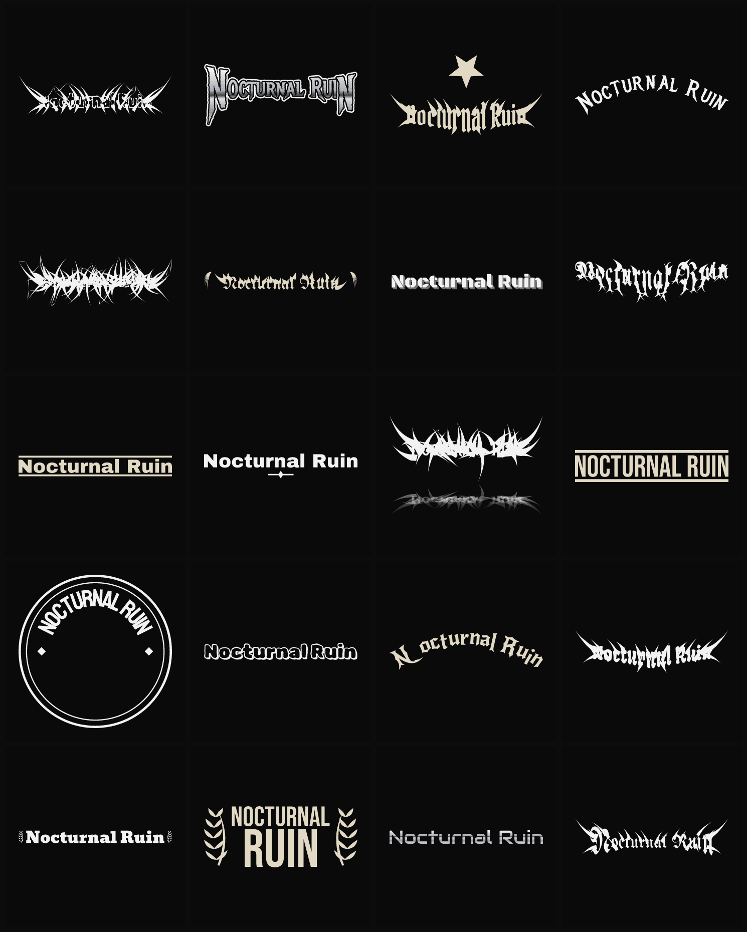Twenty Nocturnal Ruin band logo ideas — different faces, treatments and spike settings