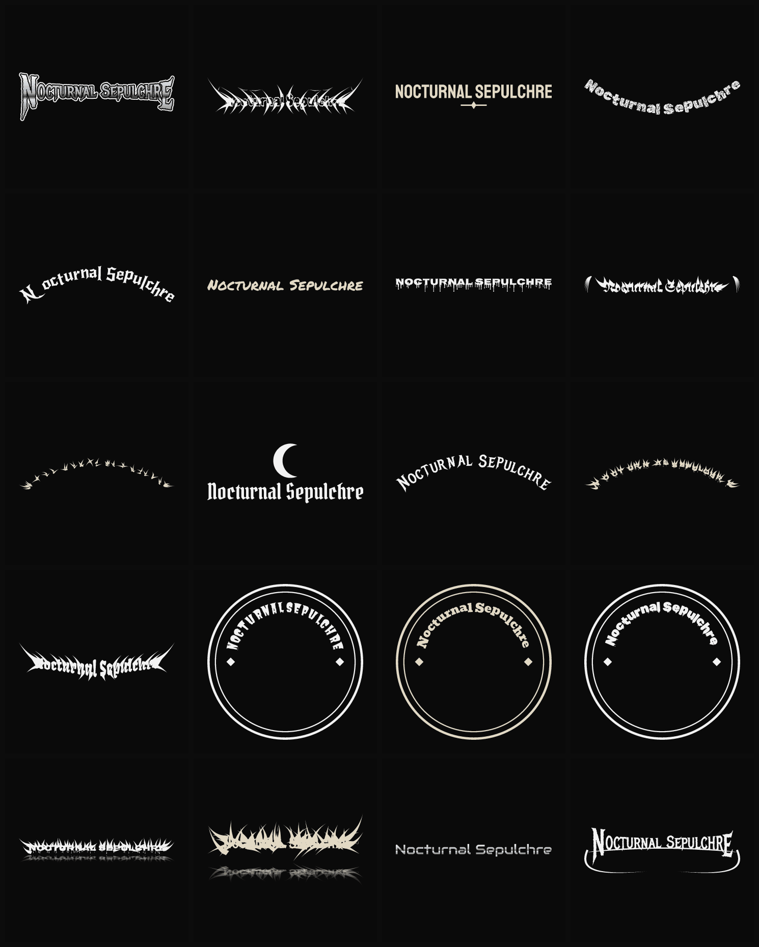 Twenty Nocturnal Sepulchre band logo ideas — different faces, treatments and spike settings